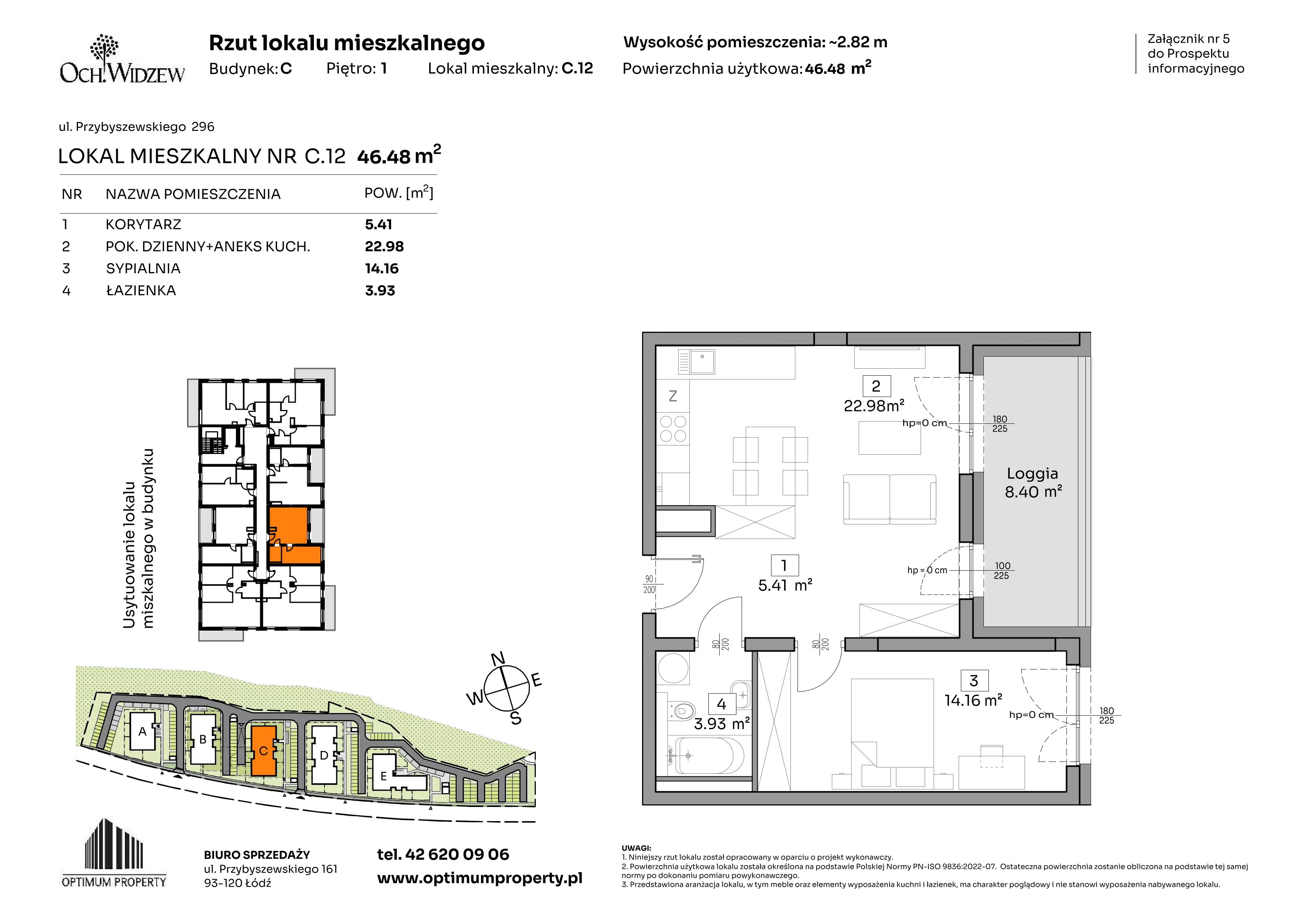 2 pokoje, mieszkanie 46,48 m², piętro 1, oferta nr C.12, Och!Widzew, Łódź, Widzew, ul. Przybyszewskiego 292-300