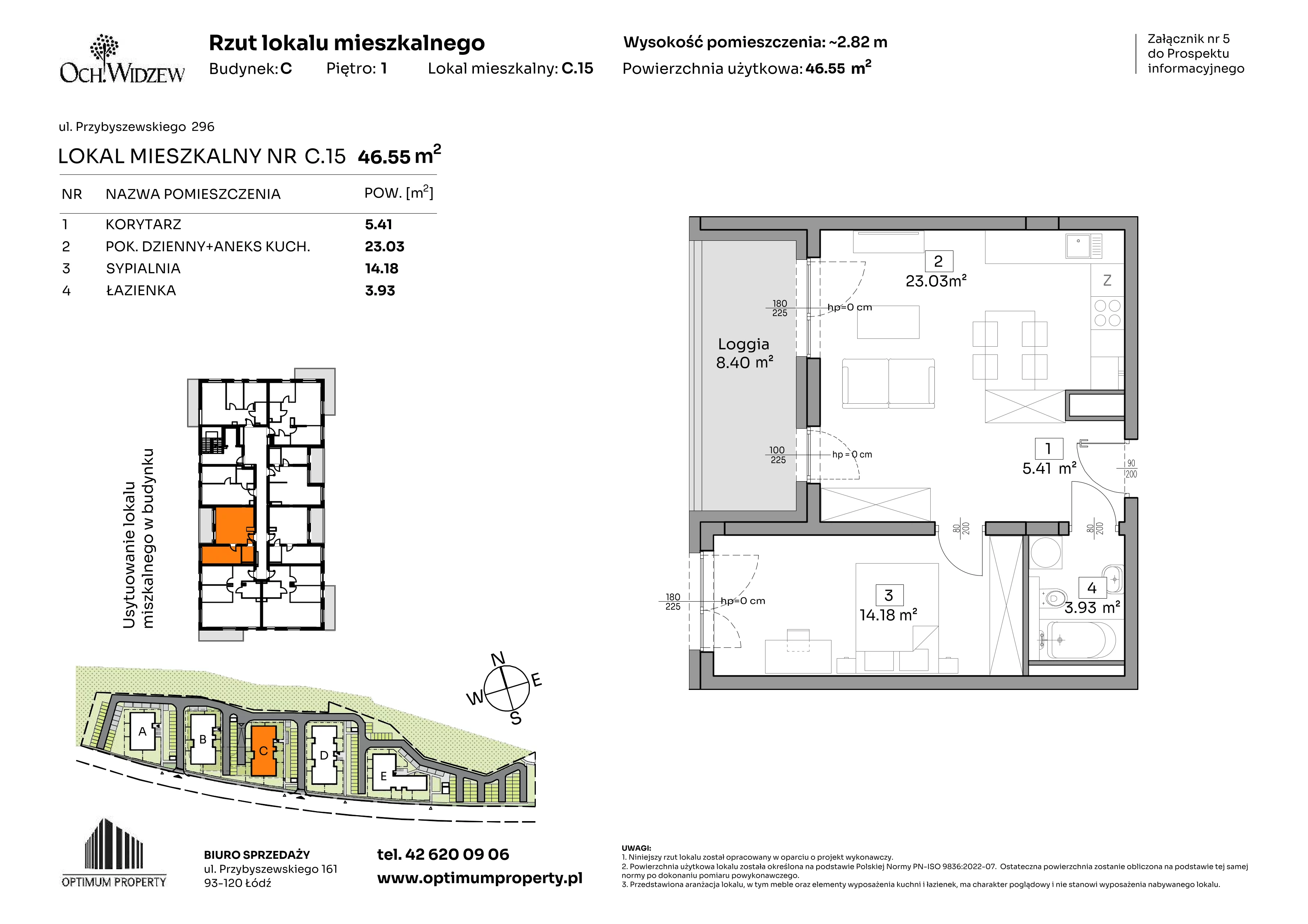 2 pokoje, mieszkanie 46,55 m², piętro 1, oferta nr C.15, Och!Widzew, Łódź, Widzew, ul. Przybyszewskiego 292-300