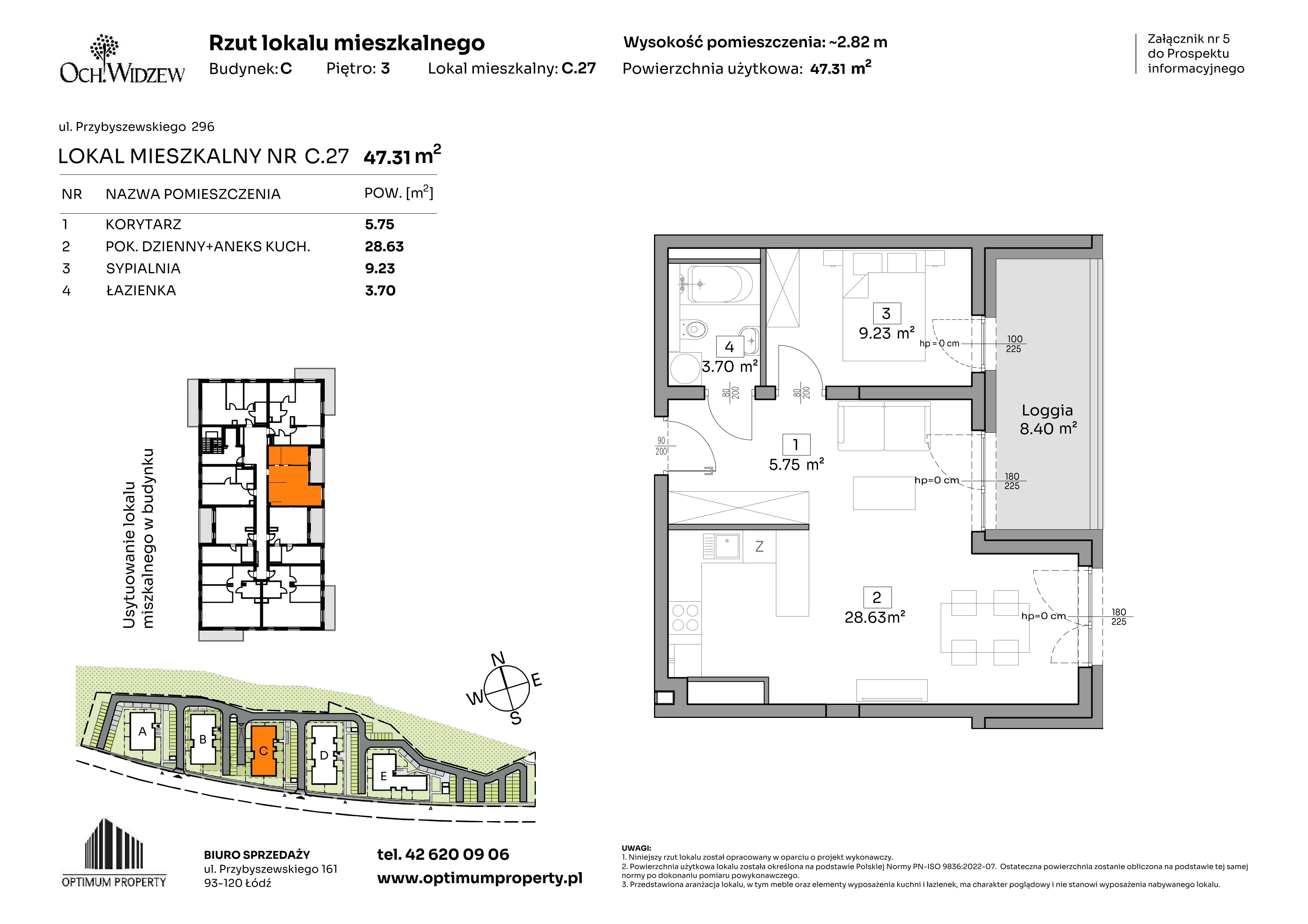 2 pokoje, mieszkanie 47,31 m², piętro 3, oferta nr C.27, Och!Widzew, Łódź, Widzew, ul. Przybyszewskiego 292-300