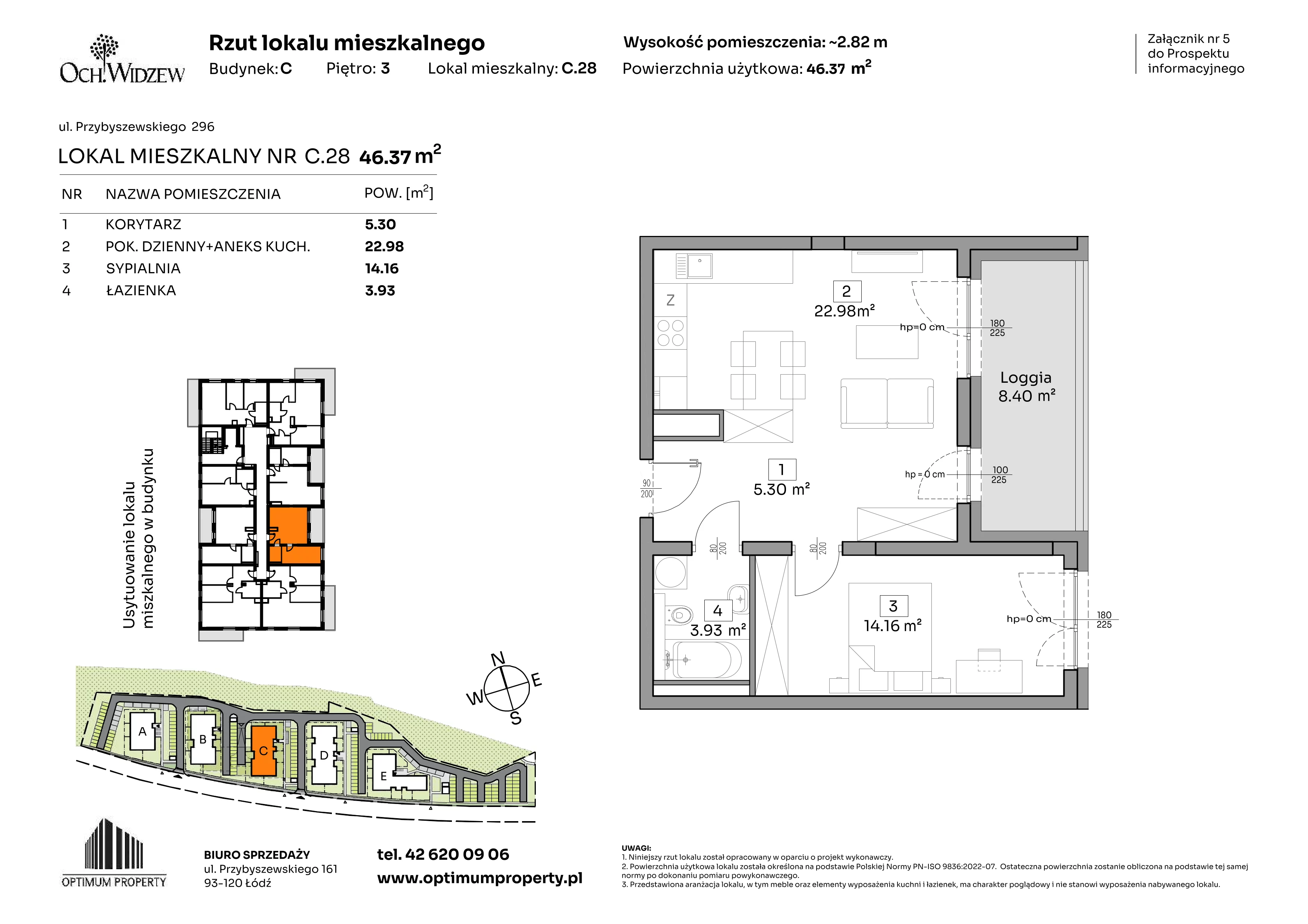 2 pokoje, mieszkanie 46,37 m², piętro 3, oferta nr C.28, Och!Widzew, Łódź, Widzew, ul. Przybyszewskiego 292-300