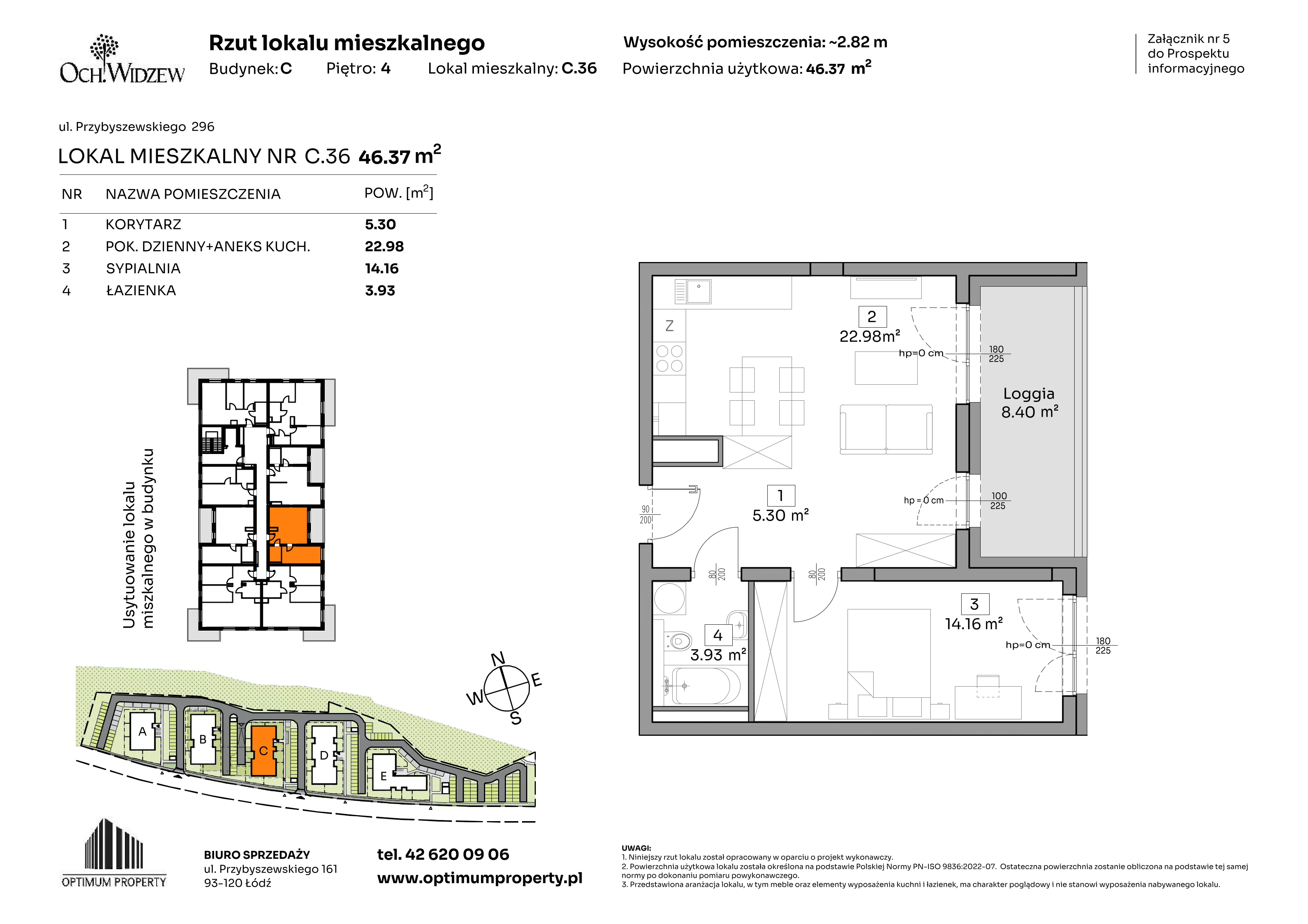 2 pokoje, mieszkanie 46,37 m², piętro 4, oferta nr C.36, Och!Widzew, Łódź, Widzew, ul. Przybyszewskiego 292-300