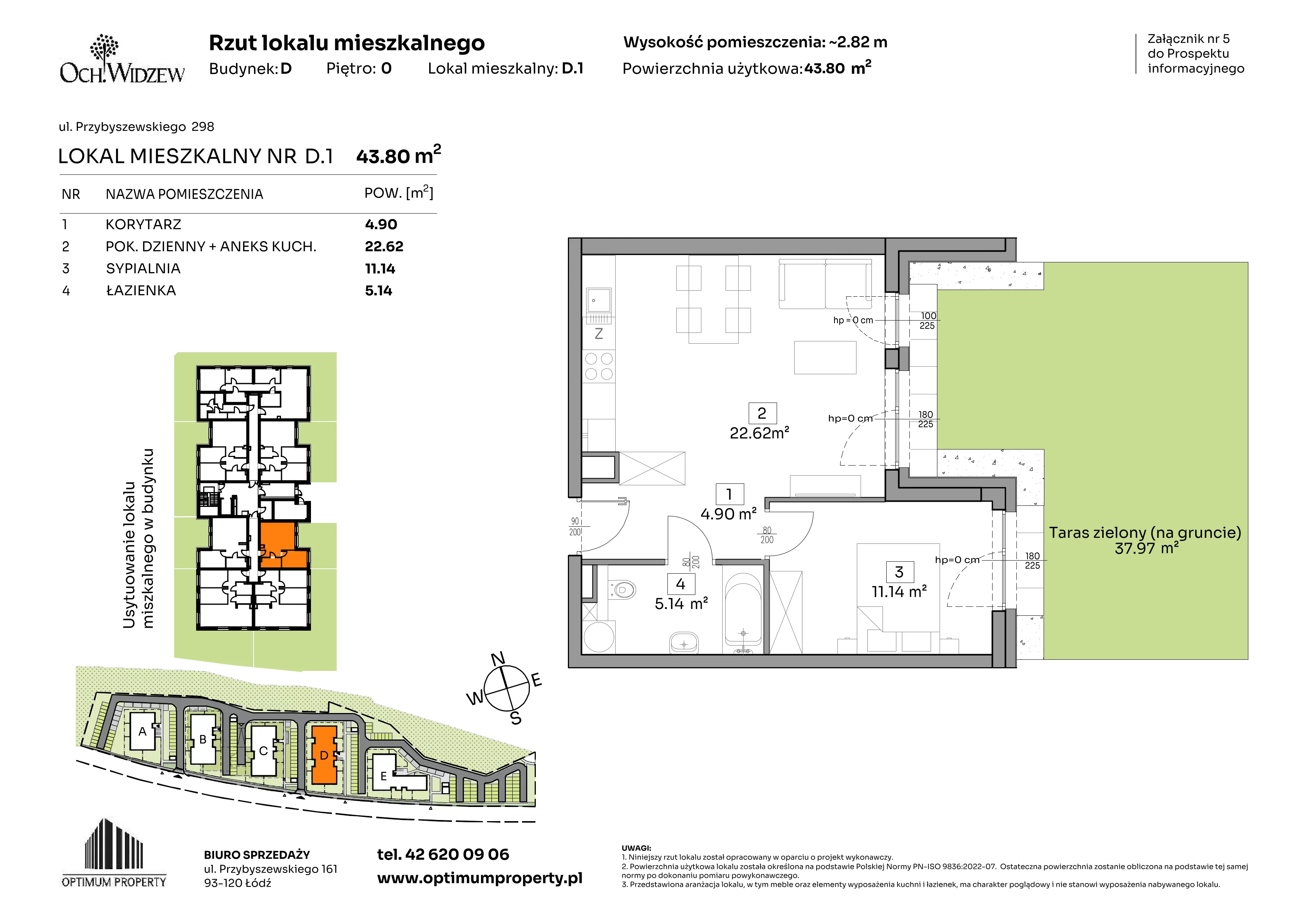 2 pokoje, mieszkanie 43,80 m², parter, oferta nr D.1, Och!Widzew, Łódź, Widzew, ul. Przybyszewskiego 292-300