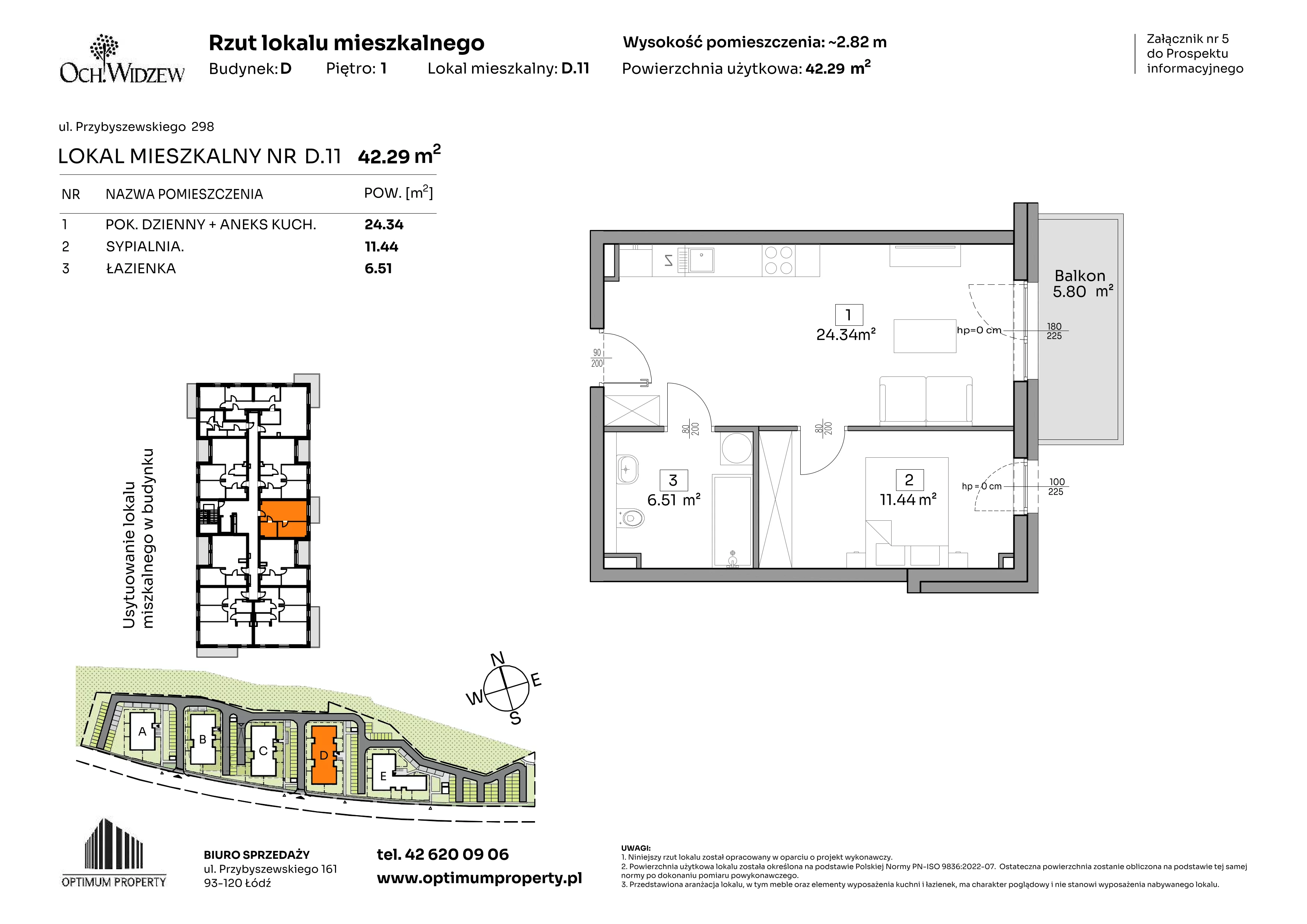 2 pokoje, mieszkanie 42,29 m², piętro 1, oferta nr D.11, Och!Widzew, Łódź, Widzew, ul. Przybyszewskiego 292-300