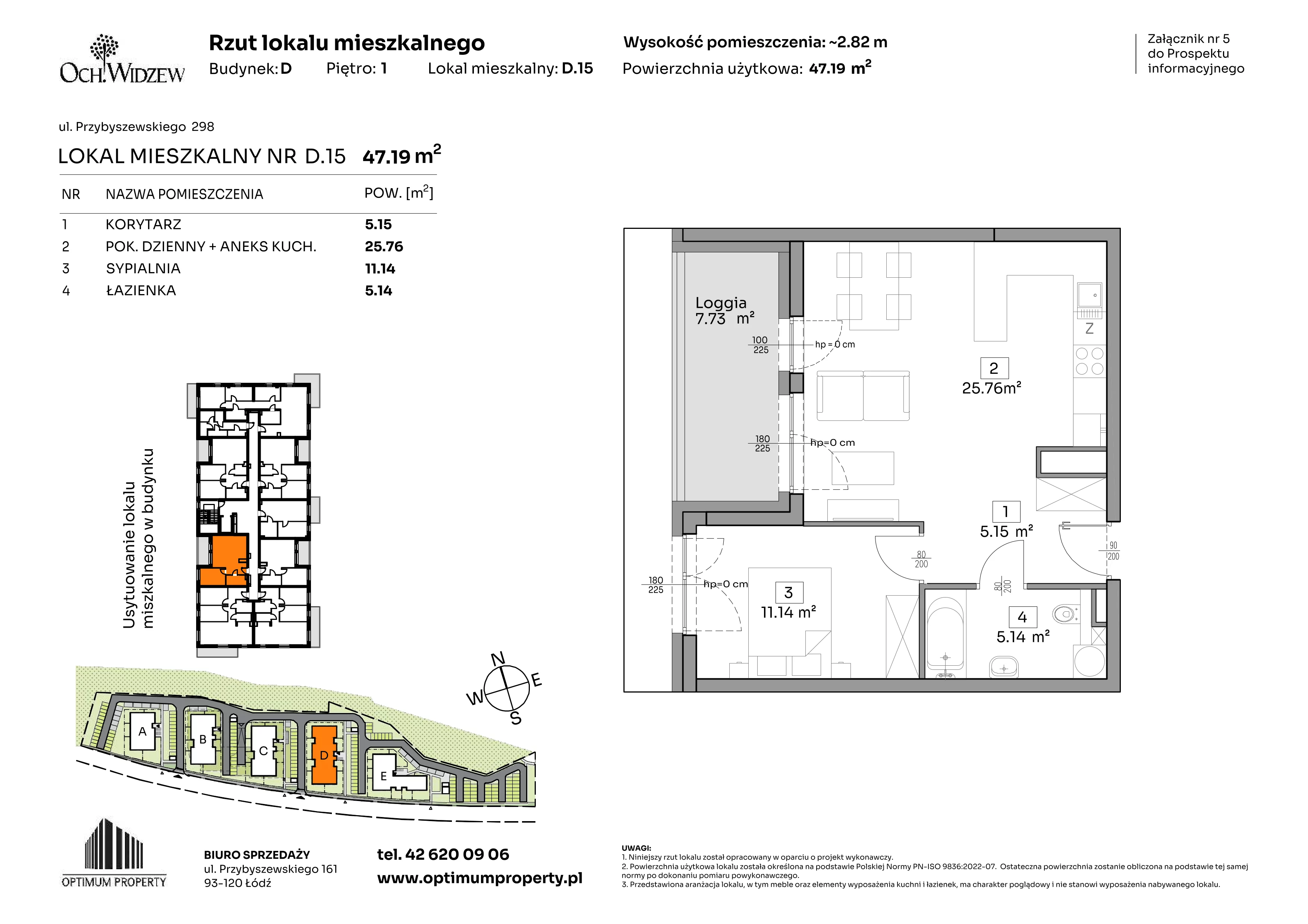 2 pokoje, mieszkanie 47,19 m², piętro 1, oferta nr D.15, Och!Widzew, Łódź, Widzew, ul. Przybyszewskiego 292-300