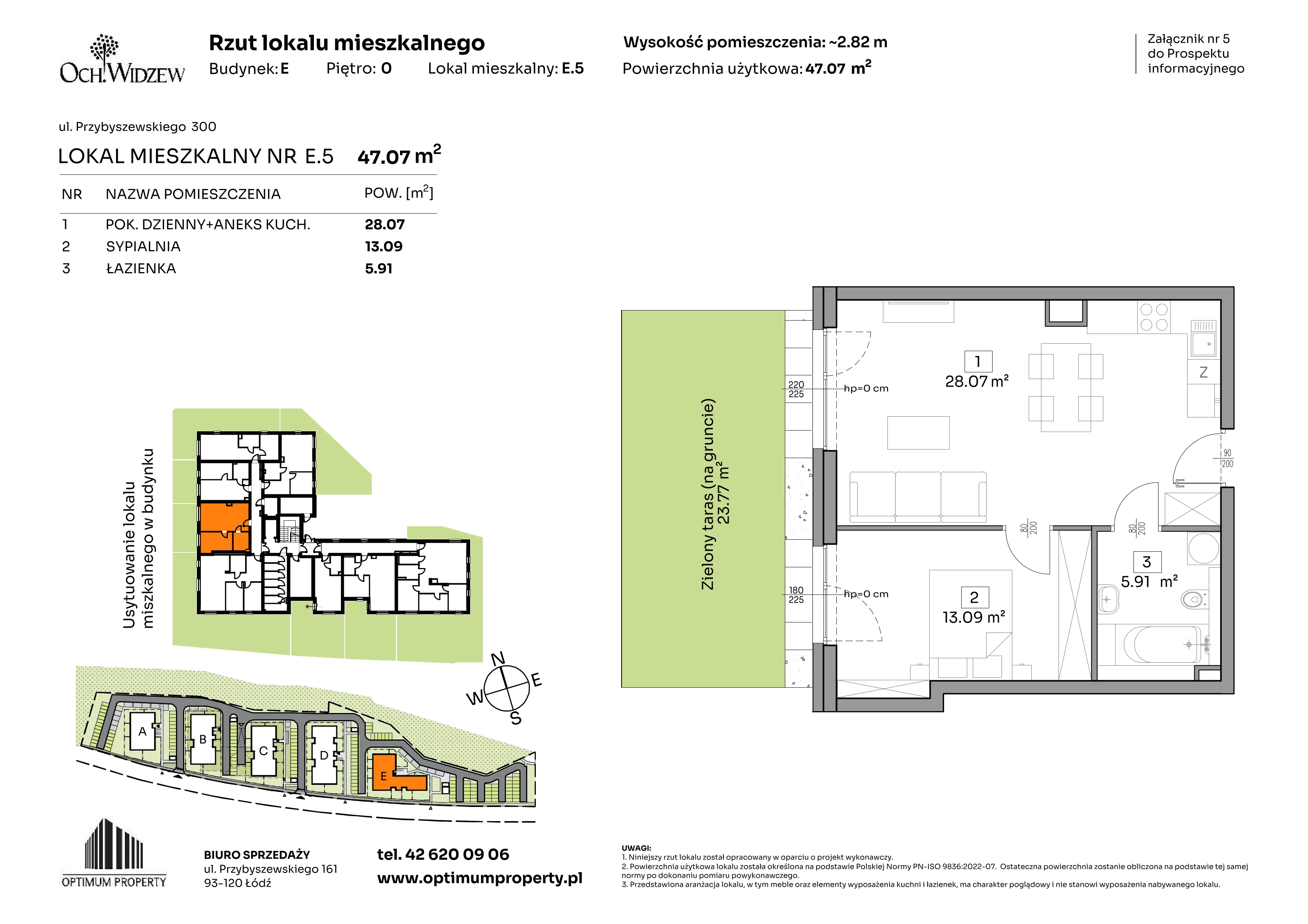 2 pokoje, mieszkanie 47,07 m², parter, oferta nr E.5, Och!Widzew, Łódź, Widzew, ul. Przybyszewskiego 292-300