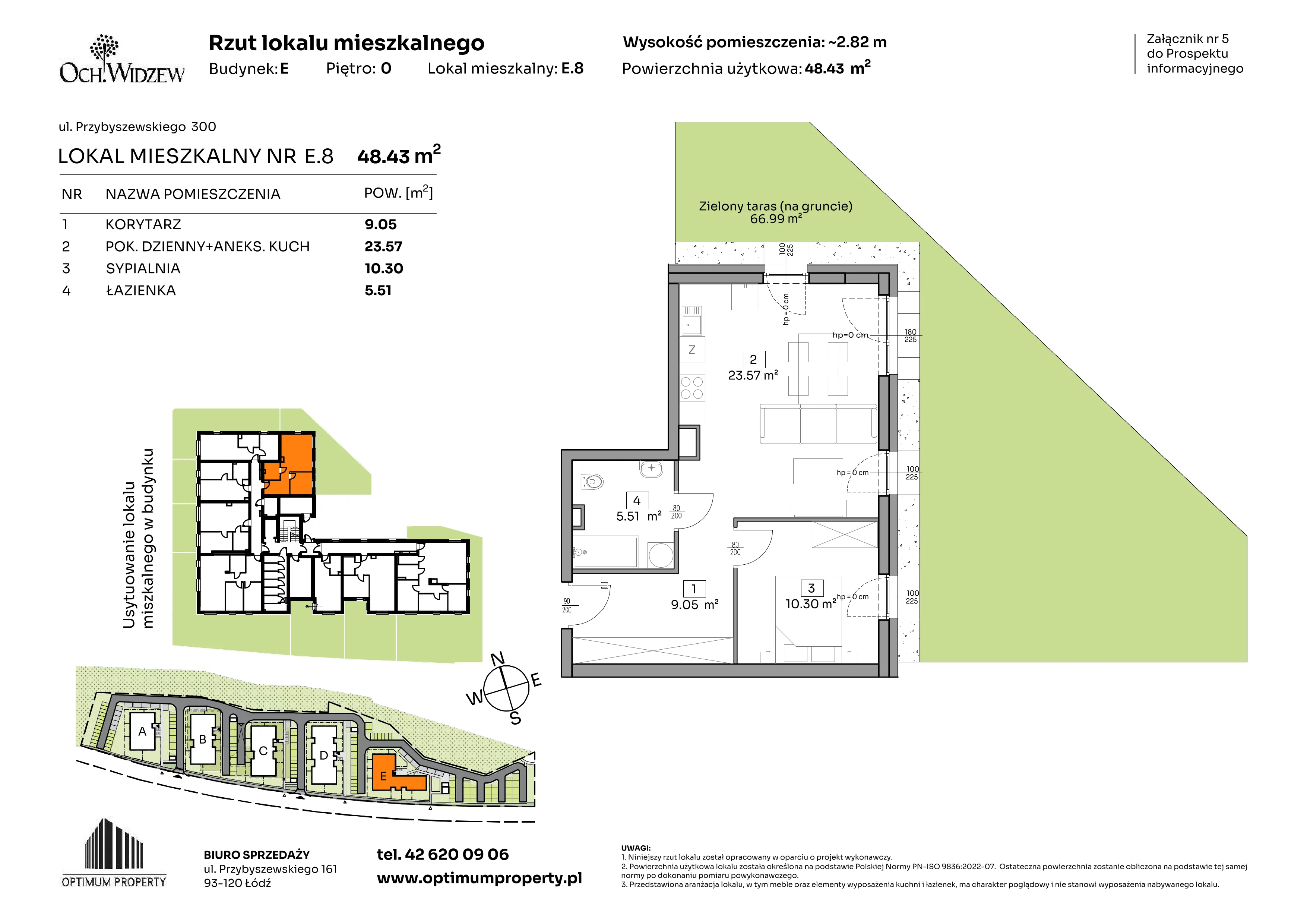 2 pokoje, mieszkanie 48,43 m², parter, oferta nr E.8, Och!Widzew, Łódź, Widzew, ul. Przybyszewskiego 292-300