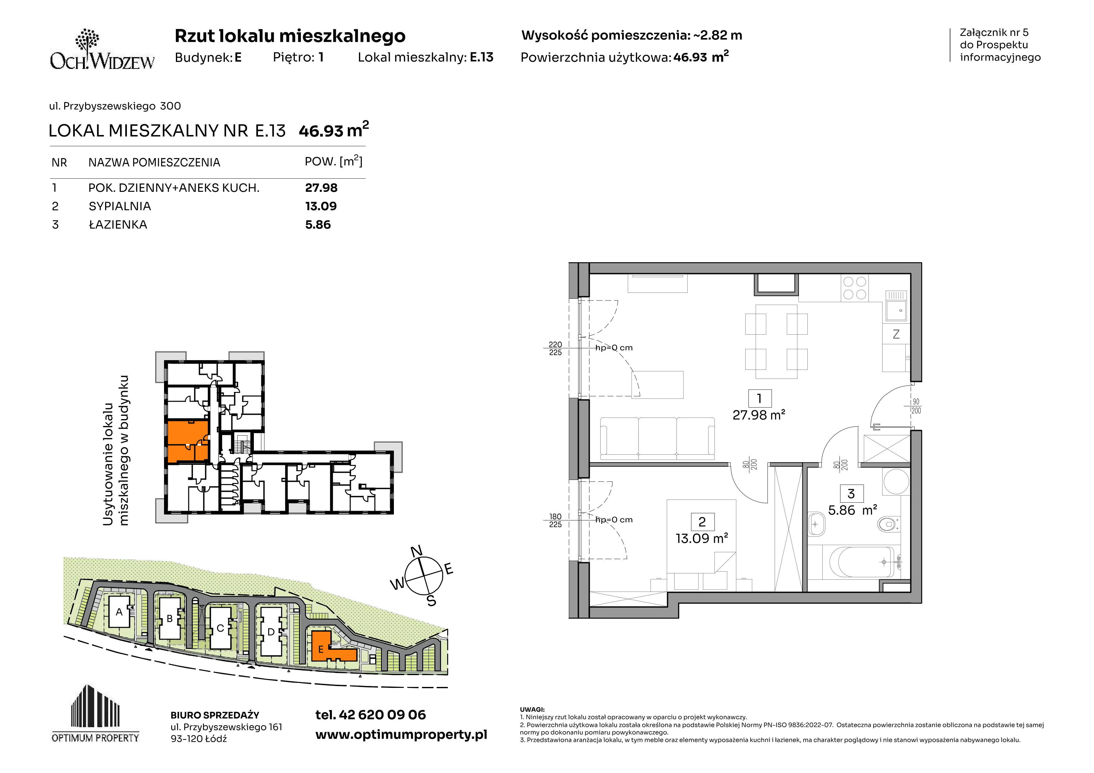 2 pokoje, mieszkanie 46,93 m², piętro 1, oferta nr E.13, Och!Widzew, Łódź, Widzew, ul. Przybyszewskiego 292-300