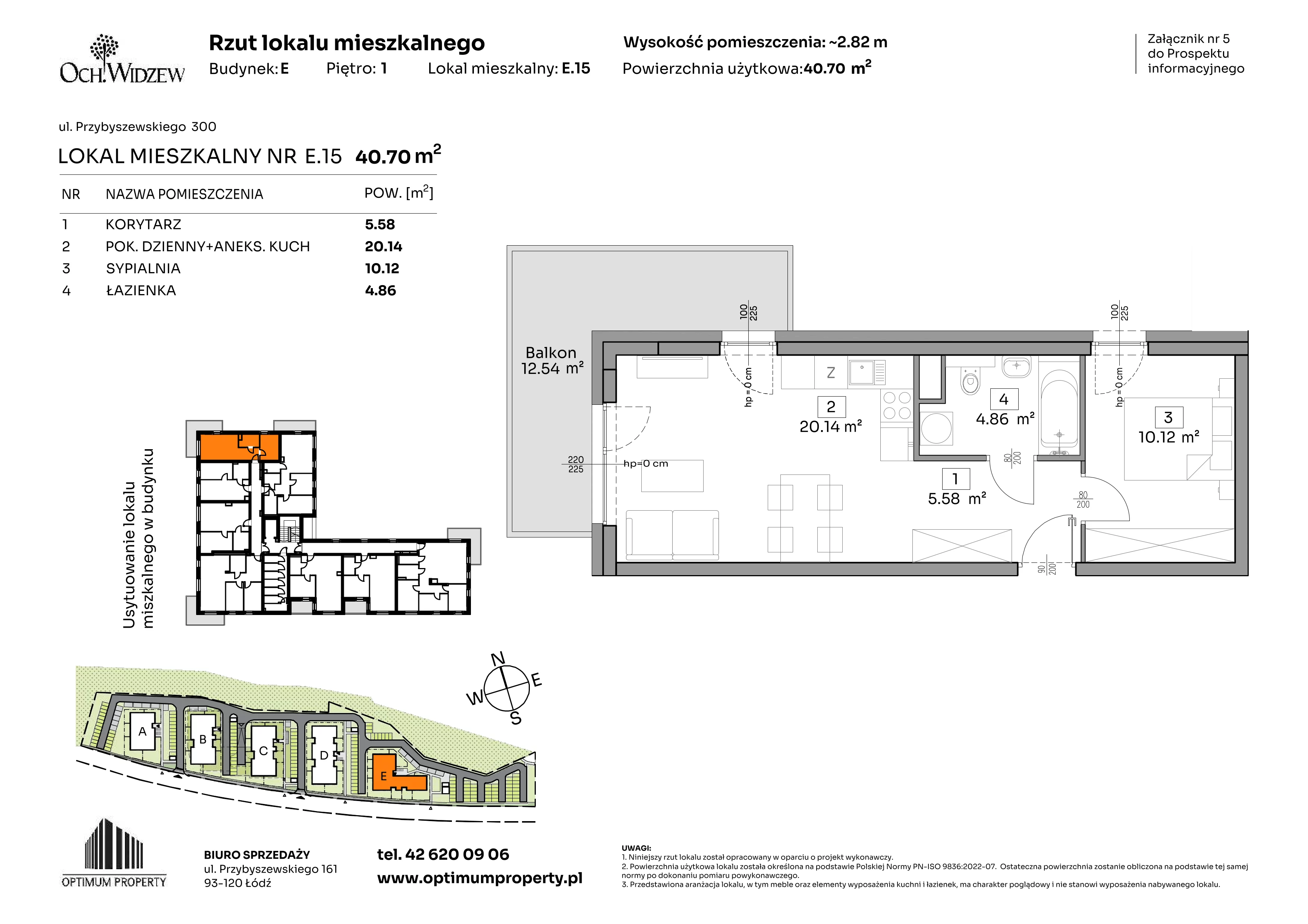 2 pokoje, mieszkanie 40,70 m², piętro 1, oferta nr E.15, Och!Widzew, Łódź, Widzew, ul. Przybyszewskiego 292-300