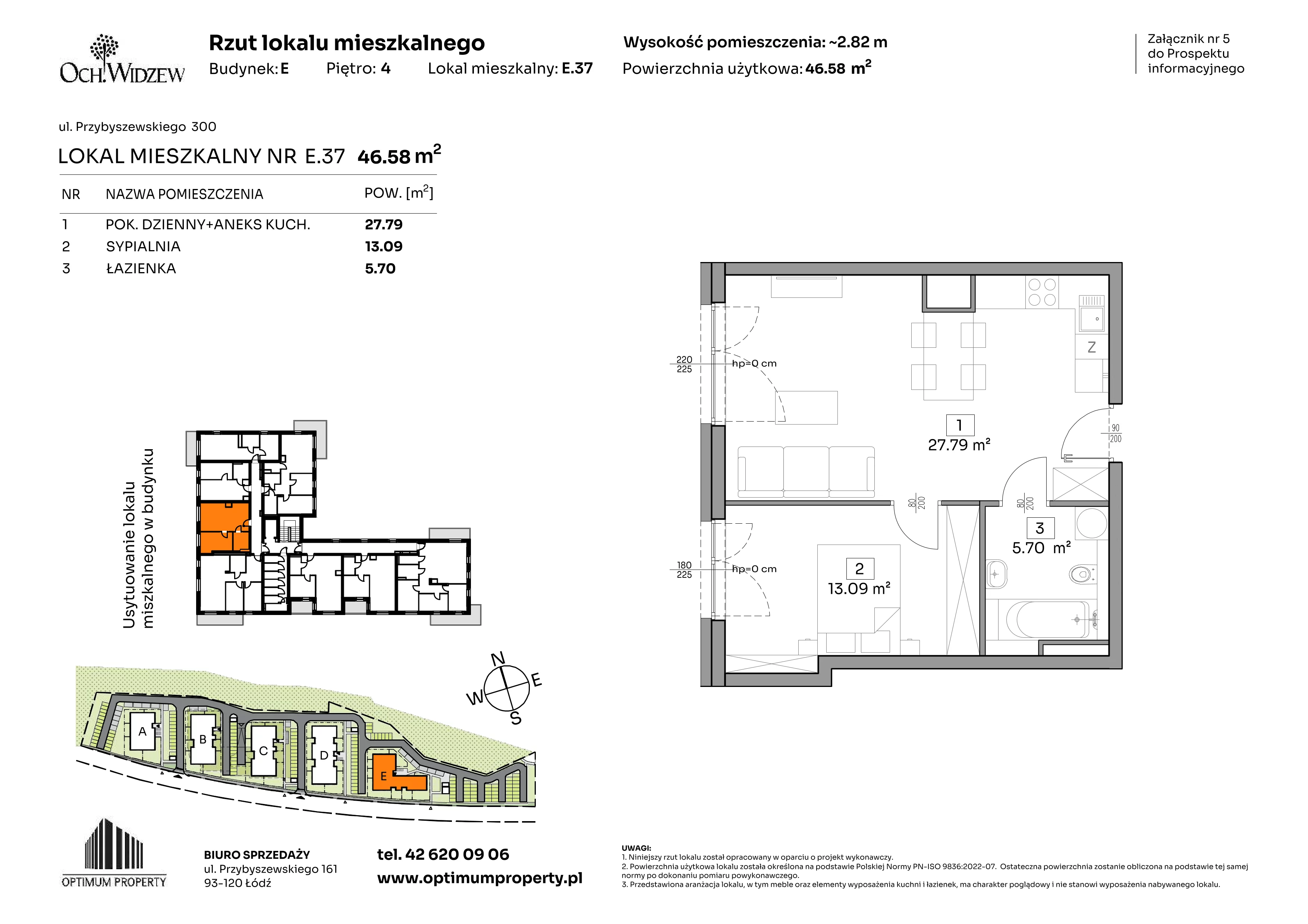 2 pokoje, mieszkanie 46,58 m², piętro 4, oferta nr E.37, Och!Widzew, Łódź, Widzew, ul. Przybyszewskiego 292-300