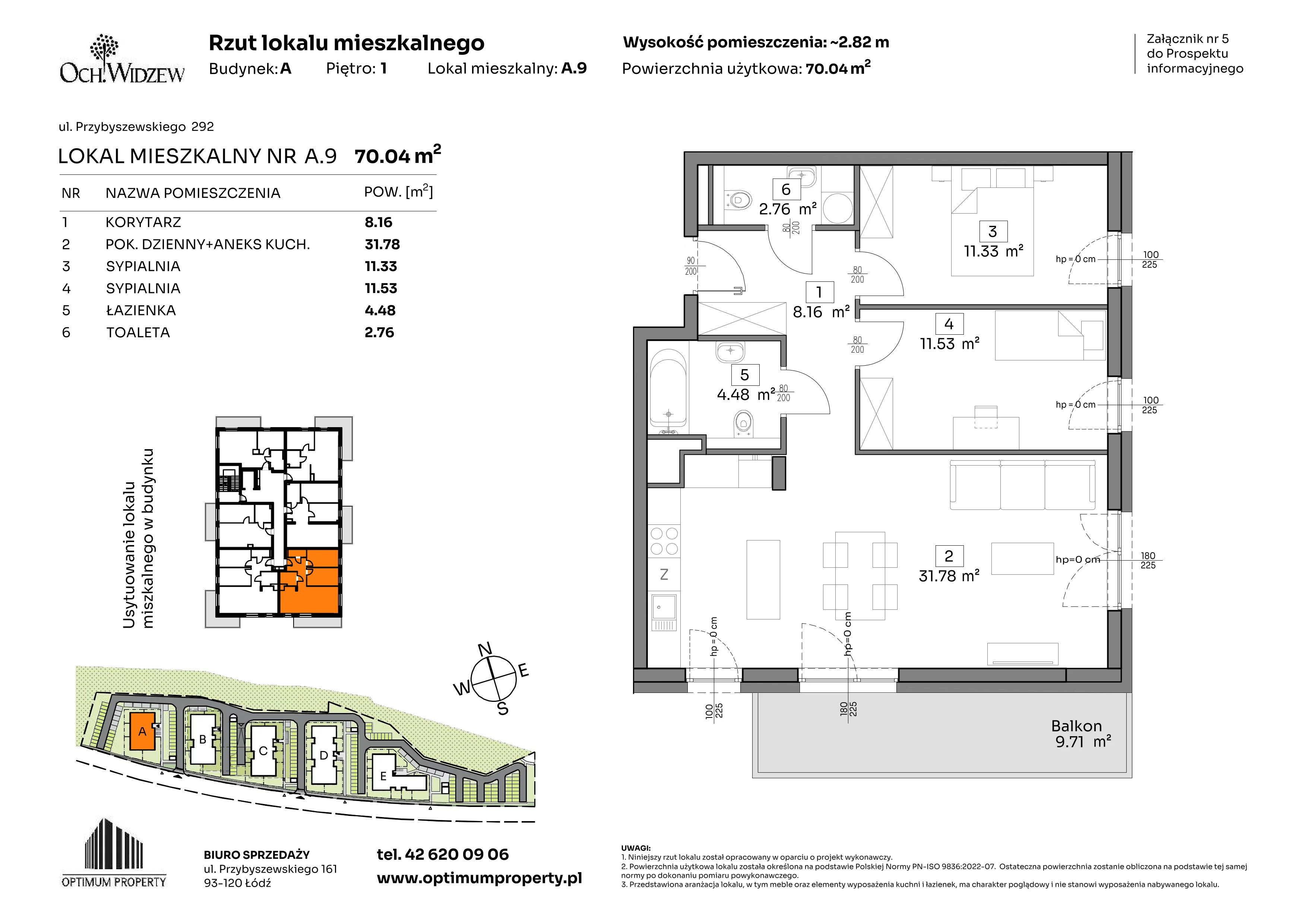 3 pokoje, mieszkanie 70,04 m², piętro 1, oferta nr A.9, Och!Widzew, Łódź, Widzew, ul. Przybyszewskiego 292-300