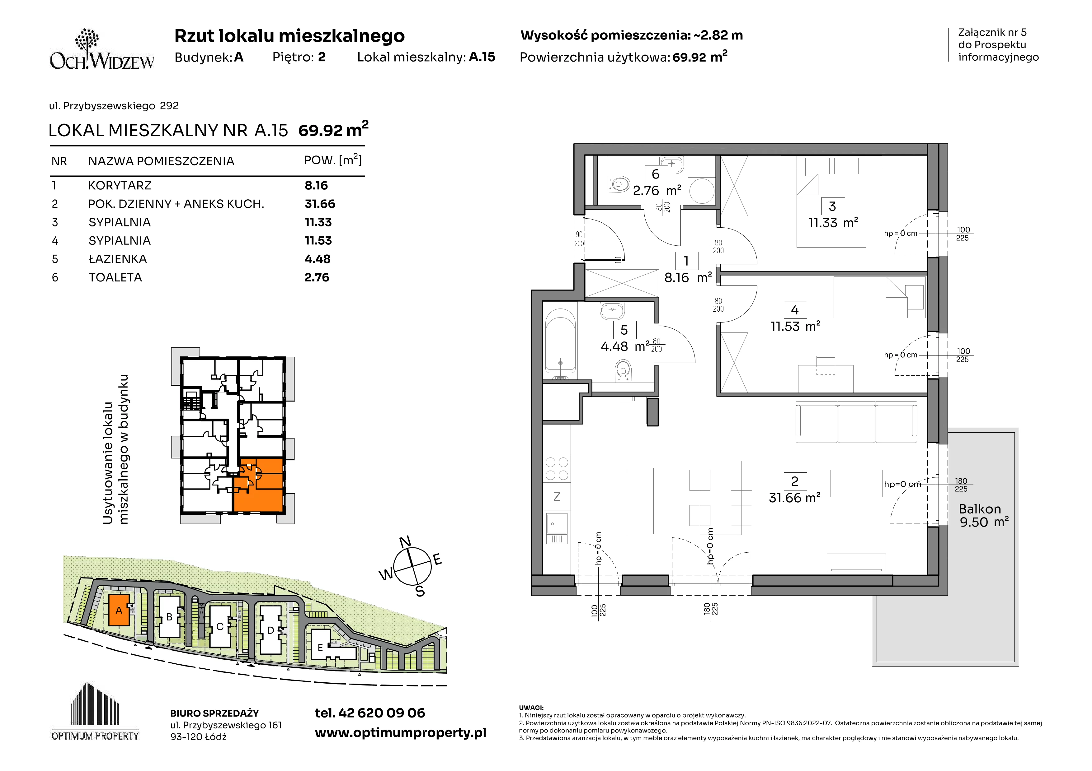 3 pokoje, mieszkanie 69,92 m², piętro 2, oferta nr A.15, Och!Widzew, Łódź, Widzew, ul. Przybyszewskiego 292-300