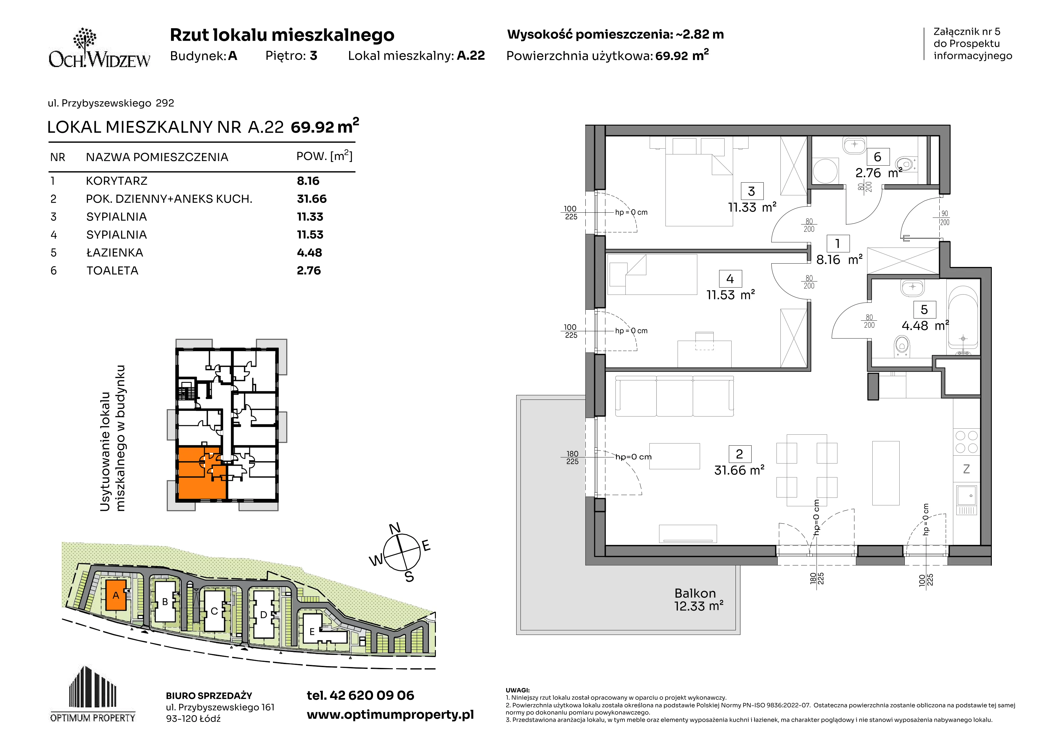3 pokoje, mieszkanie 69,92 m², piętro 3, oferta nr A.22, Och!Widzew, Łódź, Widzew, ul. Przybyszewskiego 292-300