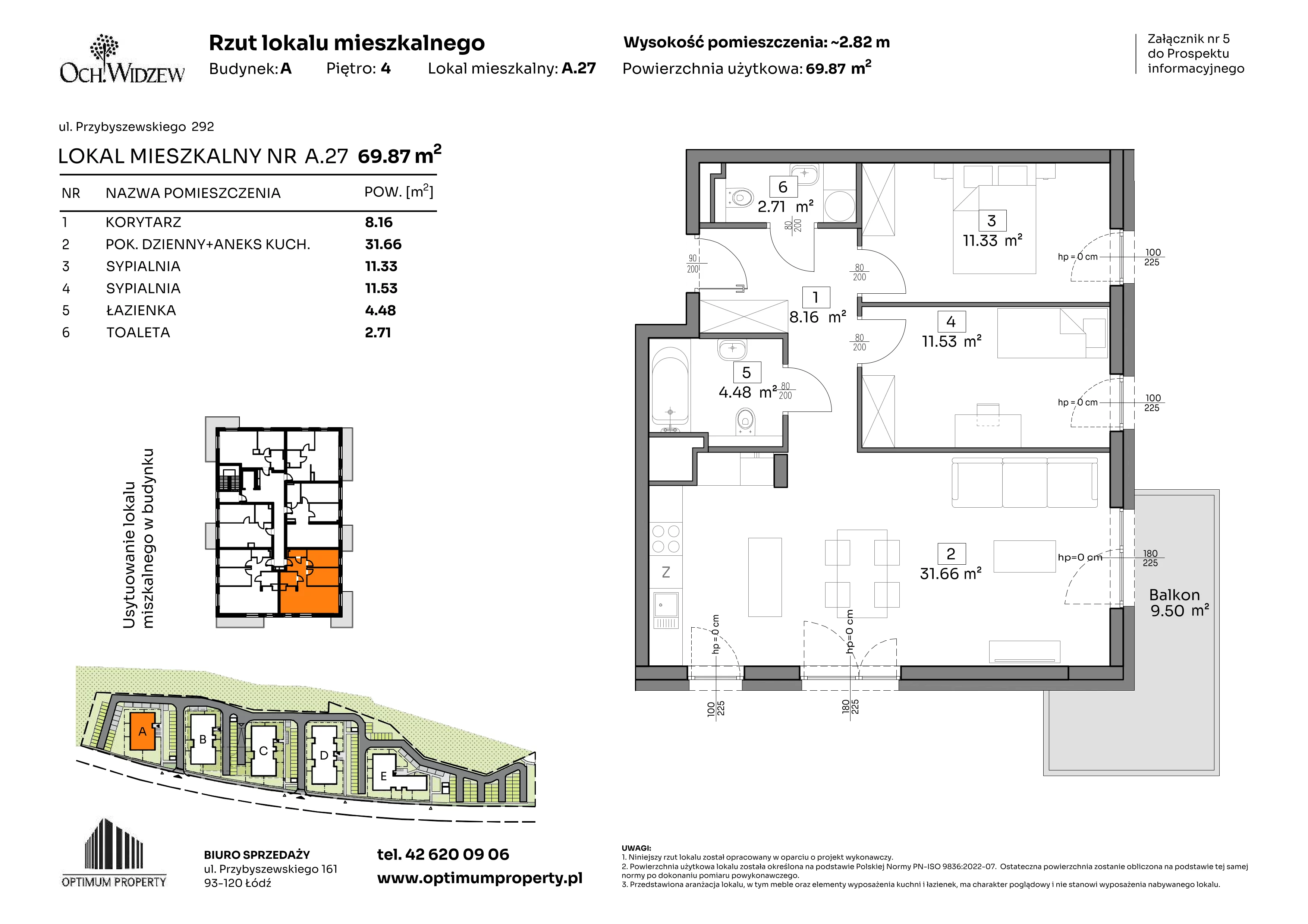 3 pokoje, mieszkanie 69,87 m², piętro 4, oferta nr A.27, Och!Widzew, Łódź, Widzew, ul. Przybyszewskiego 292-300