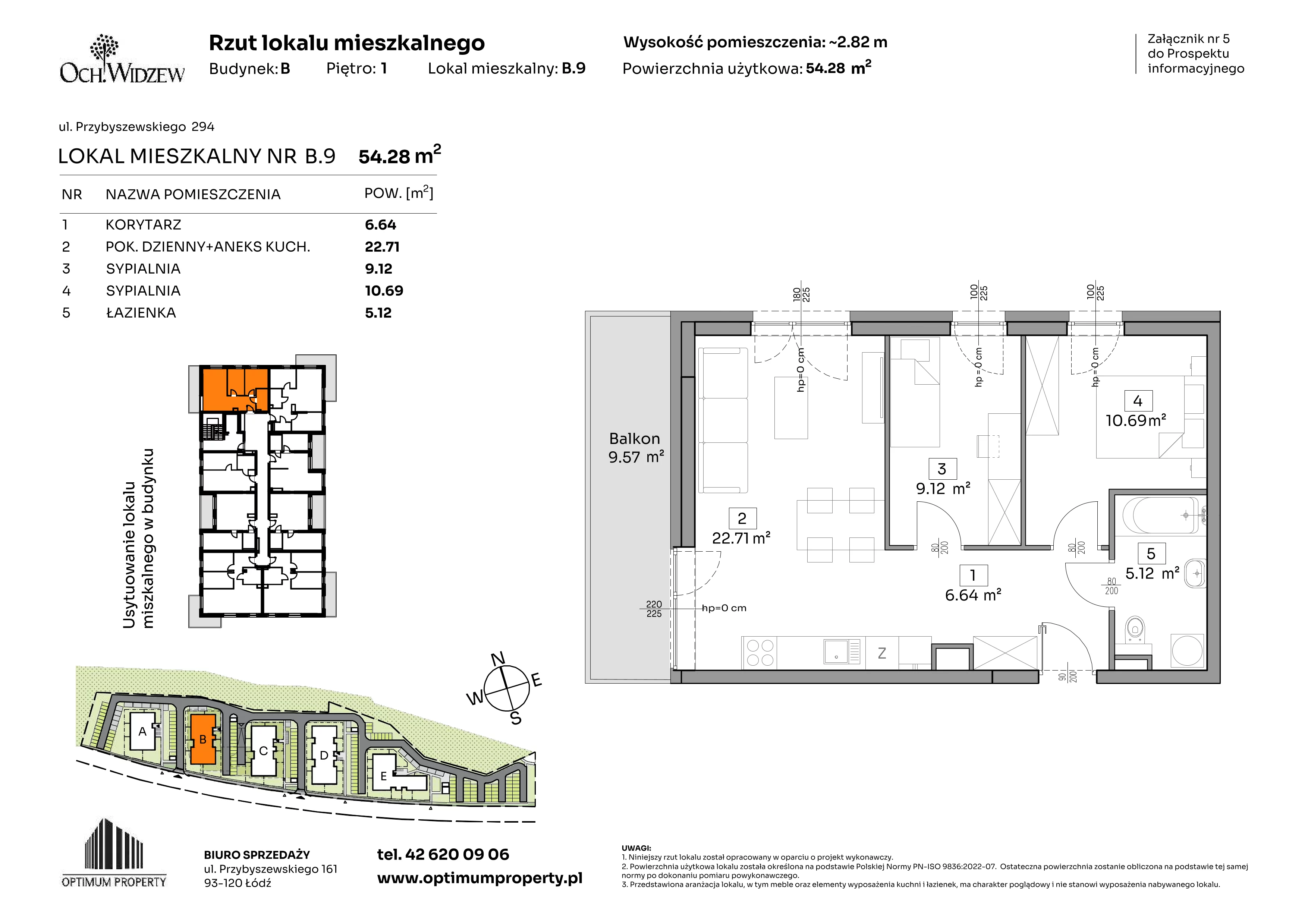 3 pokoje, mieszkanie 54,28 m², piętro 1, oferta nr B.9, Och!Widzew, Łódź, Widzew, ul. Przybyszewskiego 292-300
