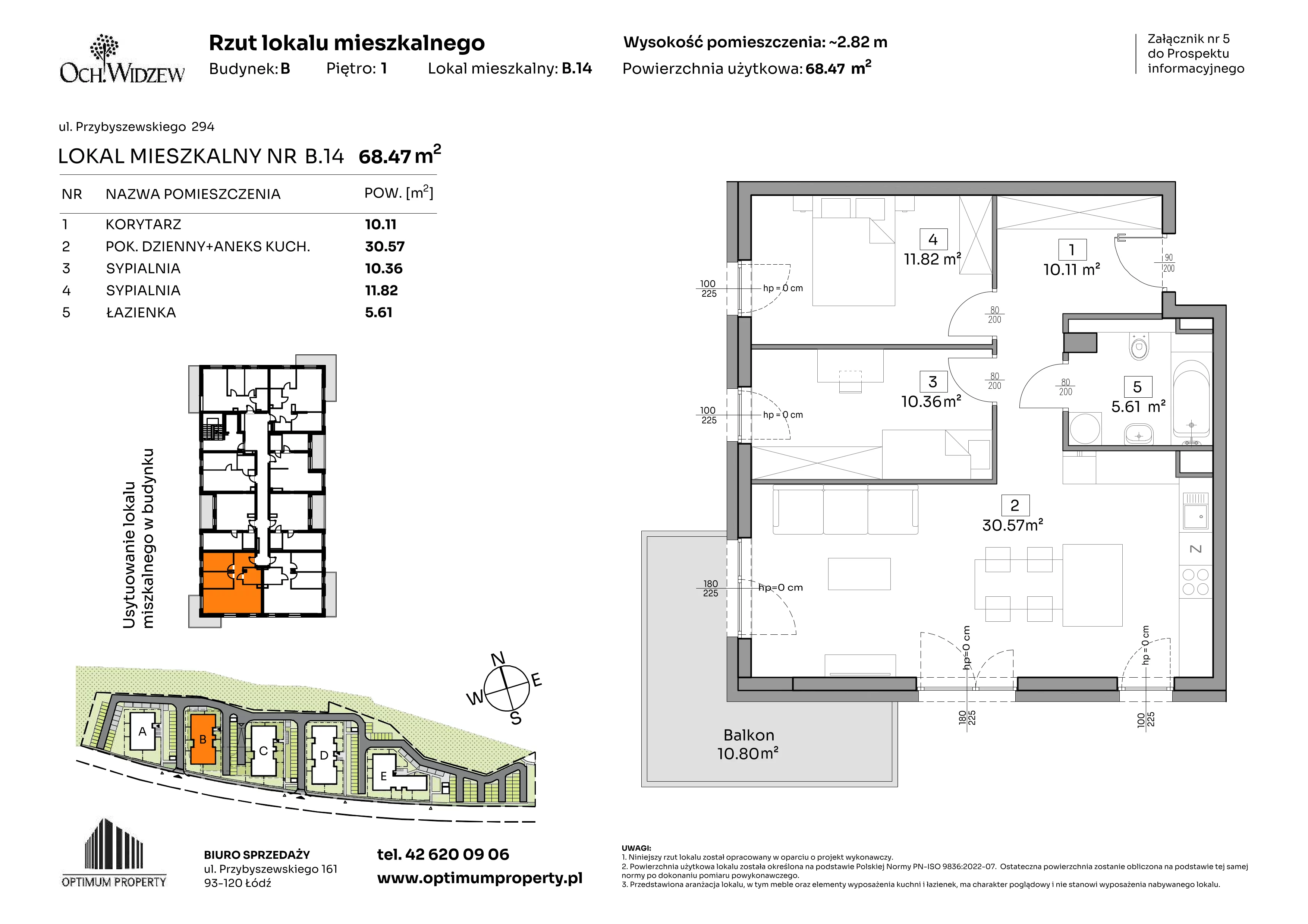 3 pokoje, mieszkanie 68,47 m², piętro 1, oferta nr B.14, Och!Widzew, Łódź, Widzew, ul. Przybyszewskiego 292-300