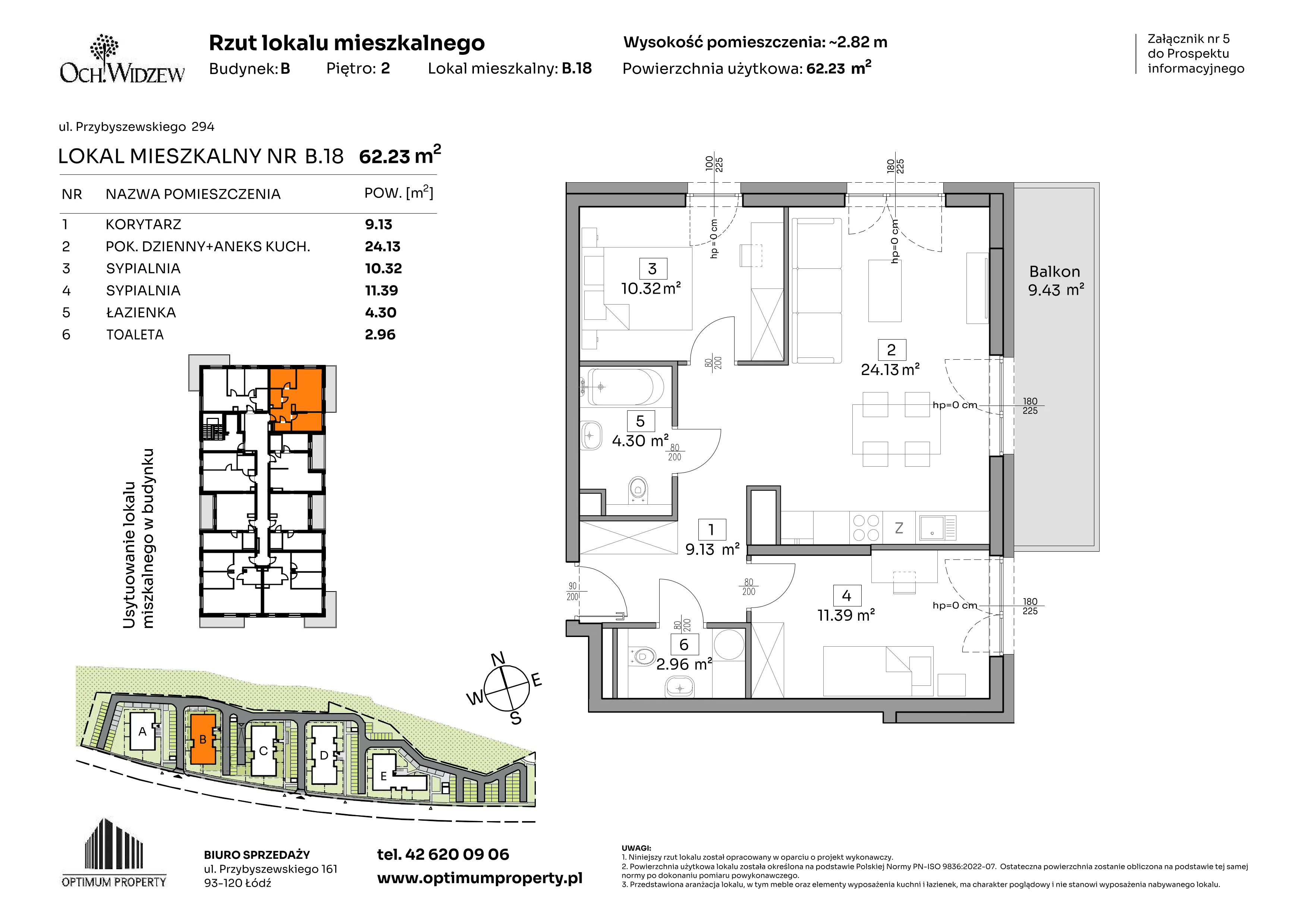 3 pokoje, mieszkanie 62,23 m², piętro 2, oferta nr B.18, Och!Widzew, Łódź, Widzew, ul. Przybyszewskiego 292-300
