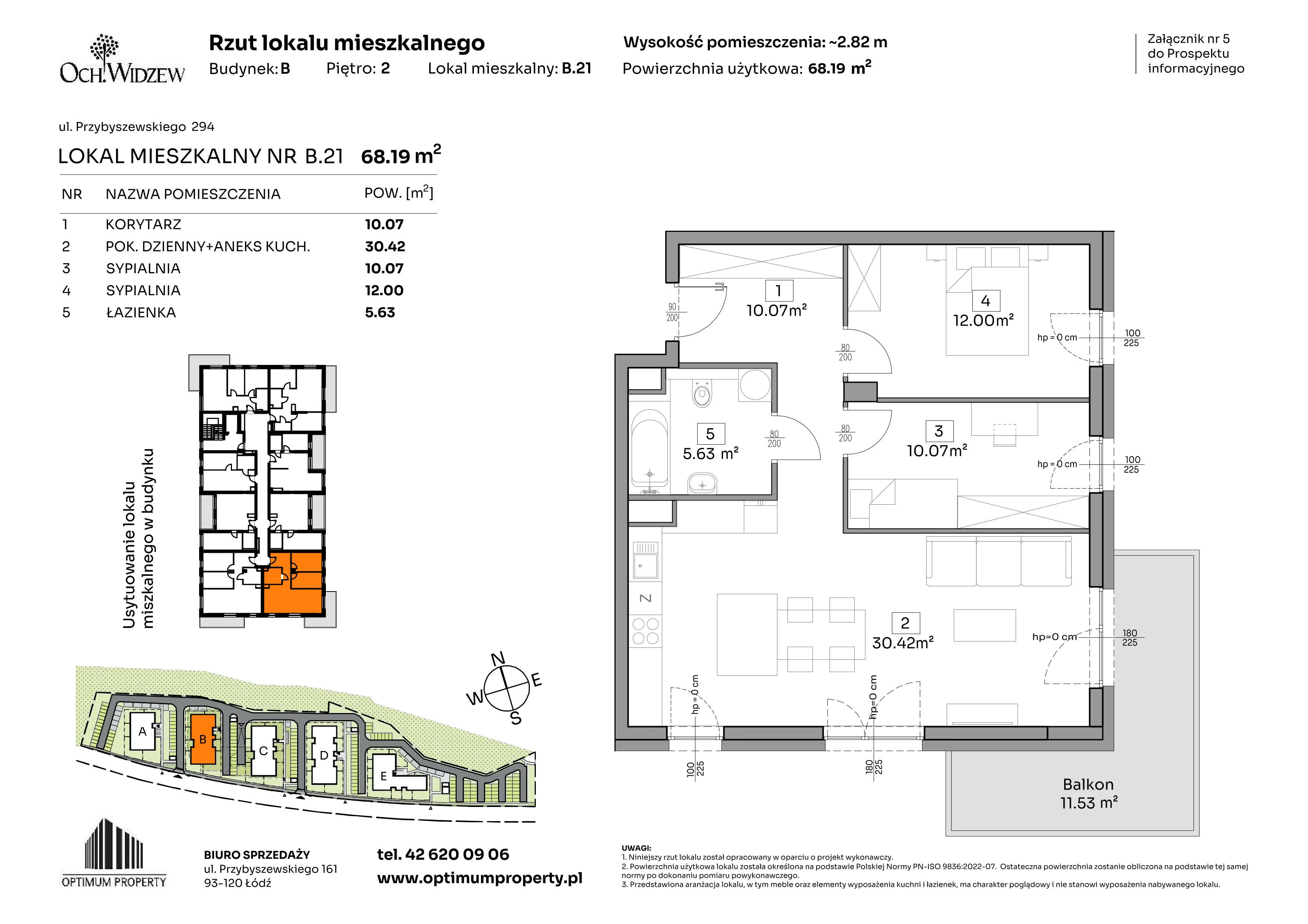 3 pokoje, mieszkanie 68,19 m², piętro 2, oferta nr B.21, Och!Widzew, Łódź, Widzew, ul. Przybyszewskiego 292-300