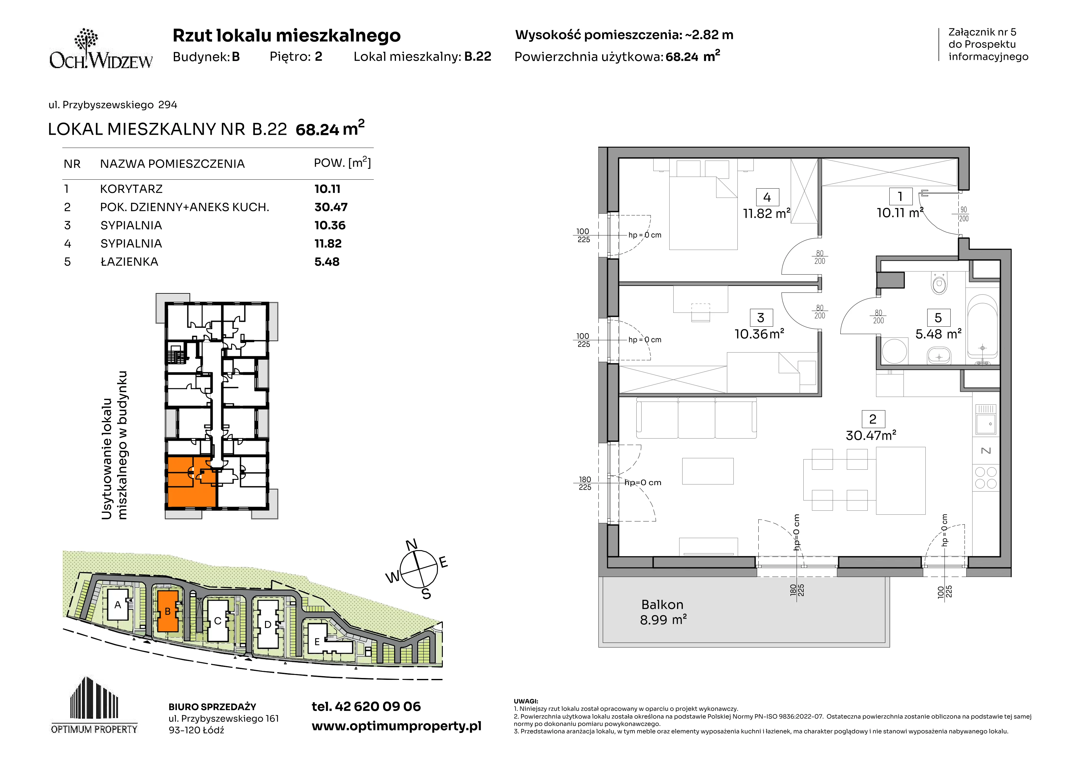 3 pokoje, mieszkanie 68,24 m², piętro 2, oferta nr B.22, Och!Widzew, Łódź, Widzew, ul. Przybyszewskiego 292-300