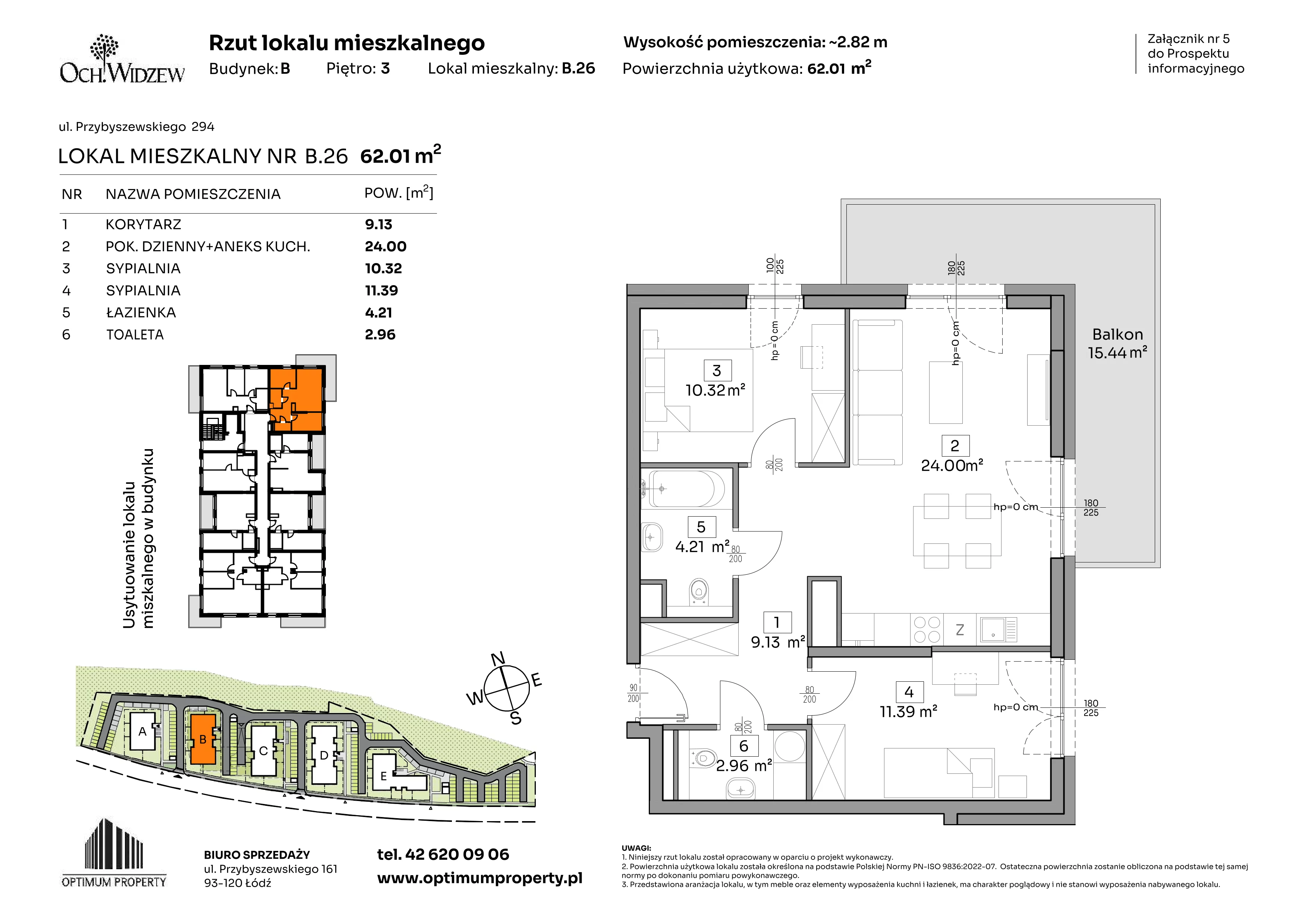 3 pokoje, mieszkanie 62,01 m², piętro 3, oferta nr B.26, Och!Widzew, Łódź, Widzew, ul. Przybyszewskiego 292-300