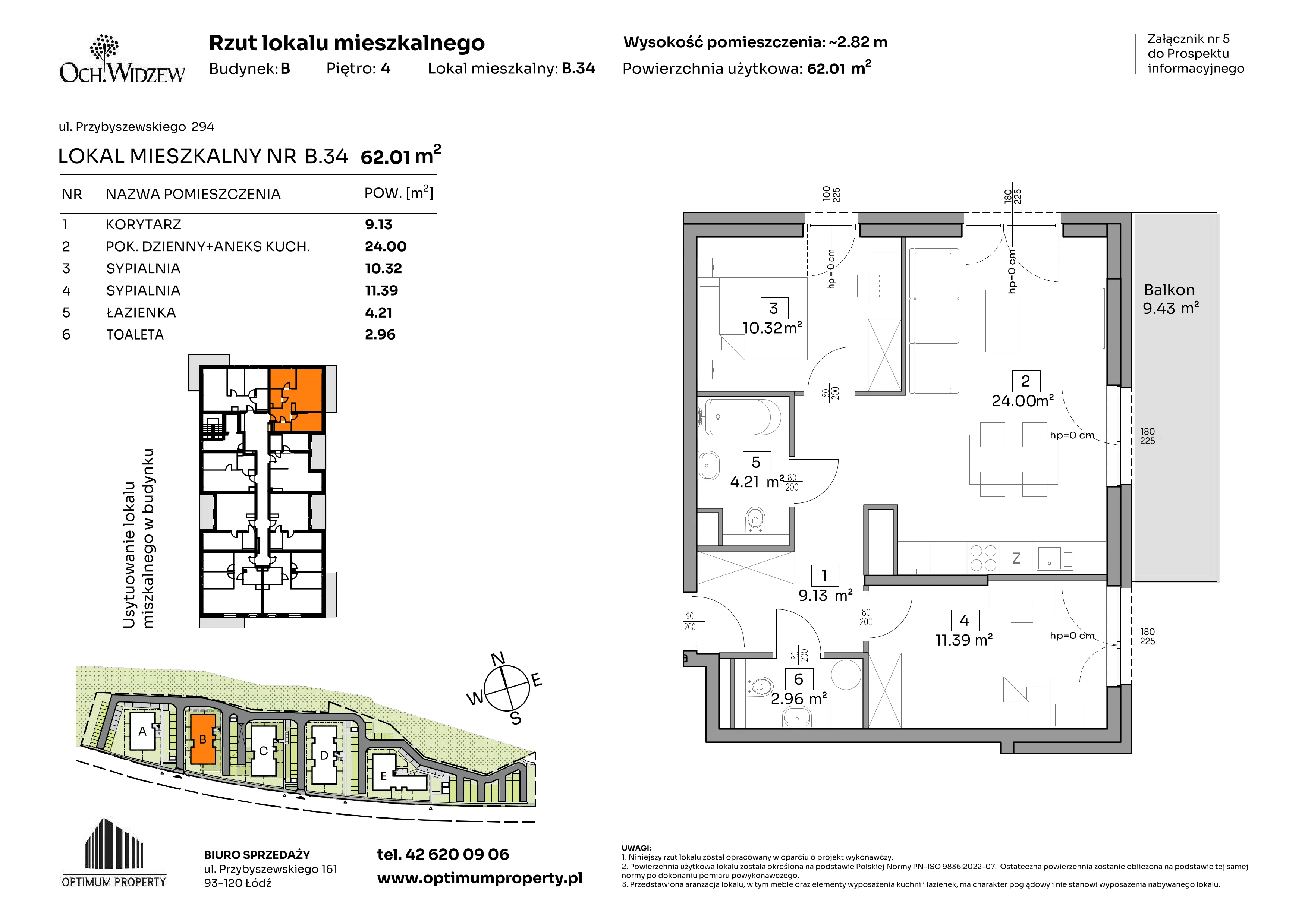 3 pokoje, mieszkanie 62,01 m², piętro 4, oferta nr B.34, Och!Widzew, Łódź, Widzew, ul. Przybyszewskiego 292-300