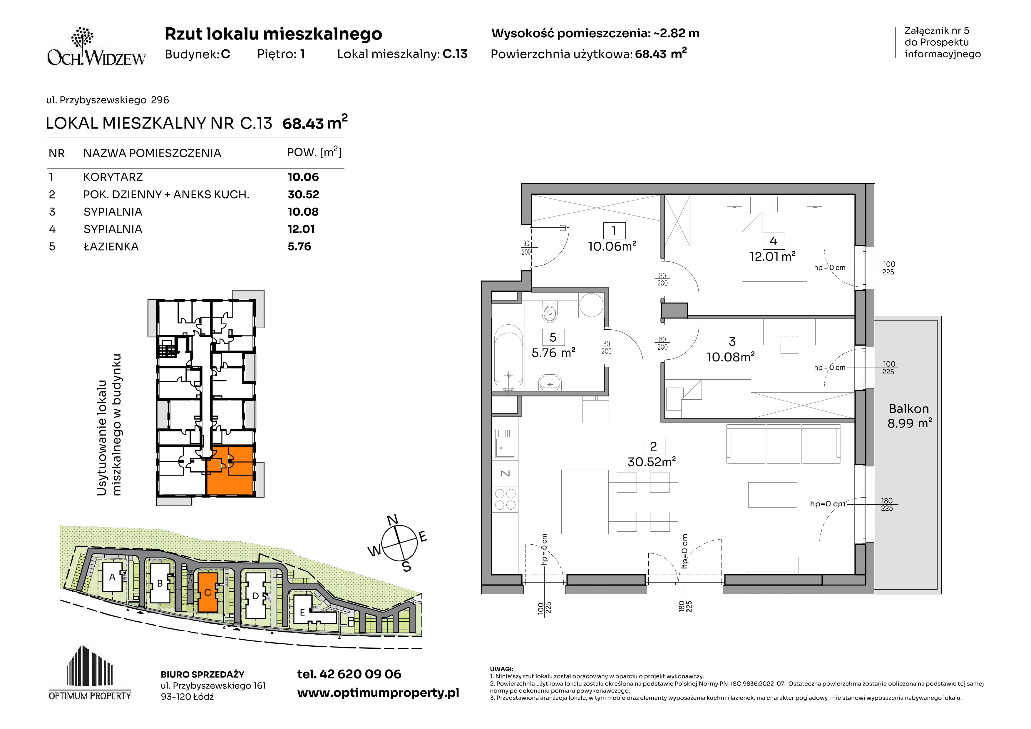 3 pokoje, mieszkanie 68,43 m², piętro 1, oferta nr C.13, Och!Widzew, Łódź, Widzew, ul. Przybyszewskiego 292-300