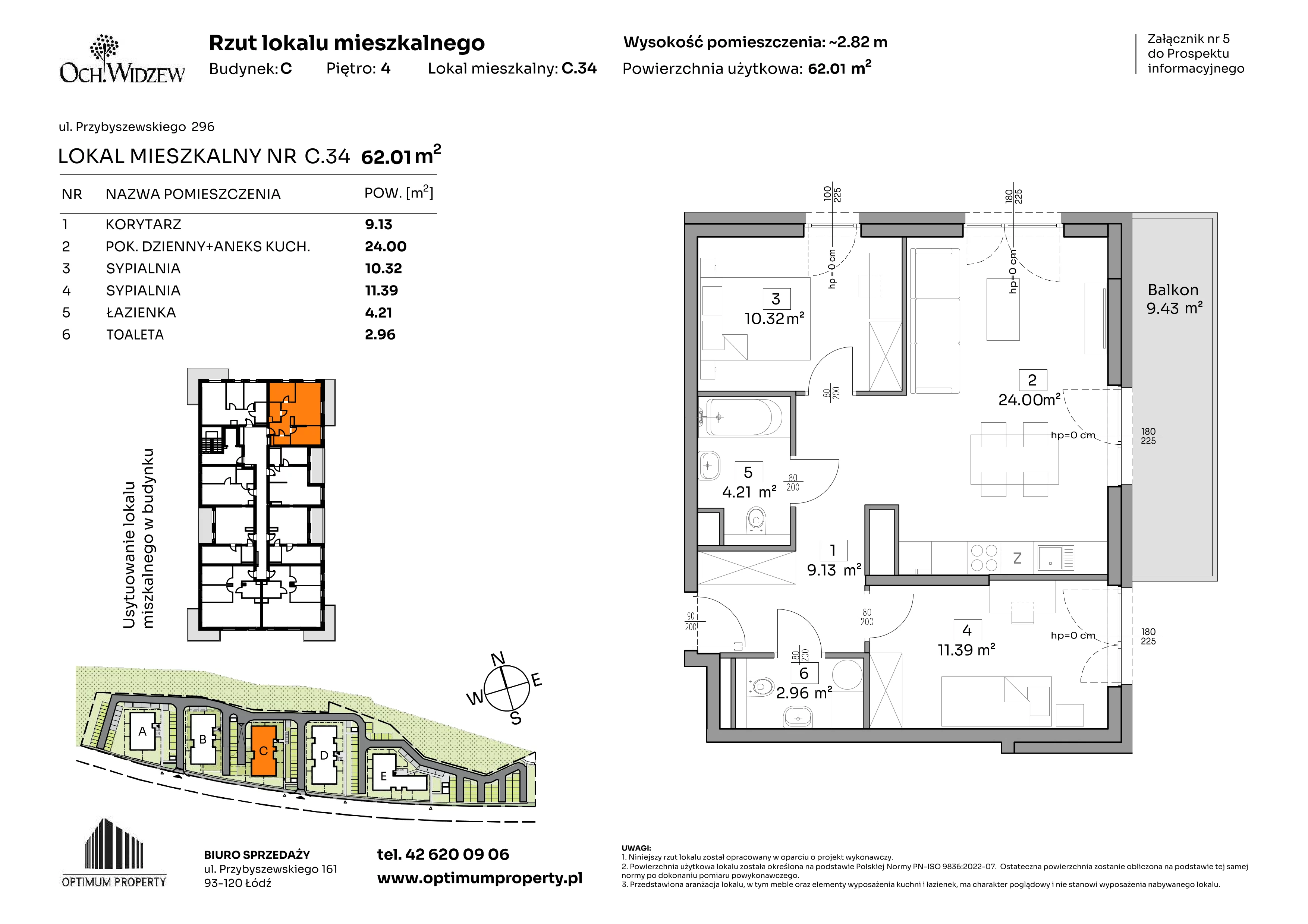 3 pokoje, mieszkanie 62,01 m², piętro 4, oferta nr C.34, Och!Widzew, Łódź, Widzew, ul. Przybyszewskiego 292-300