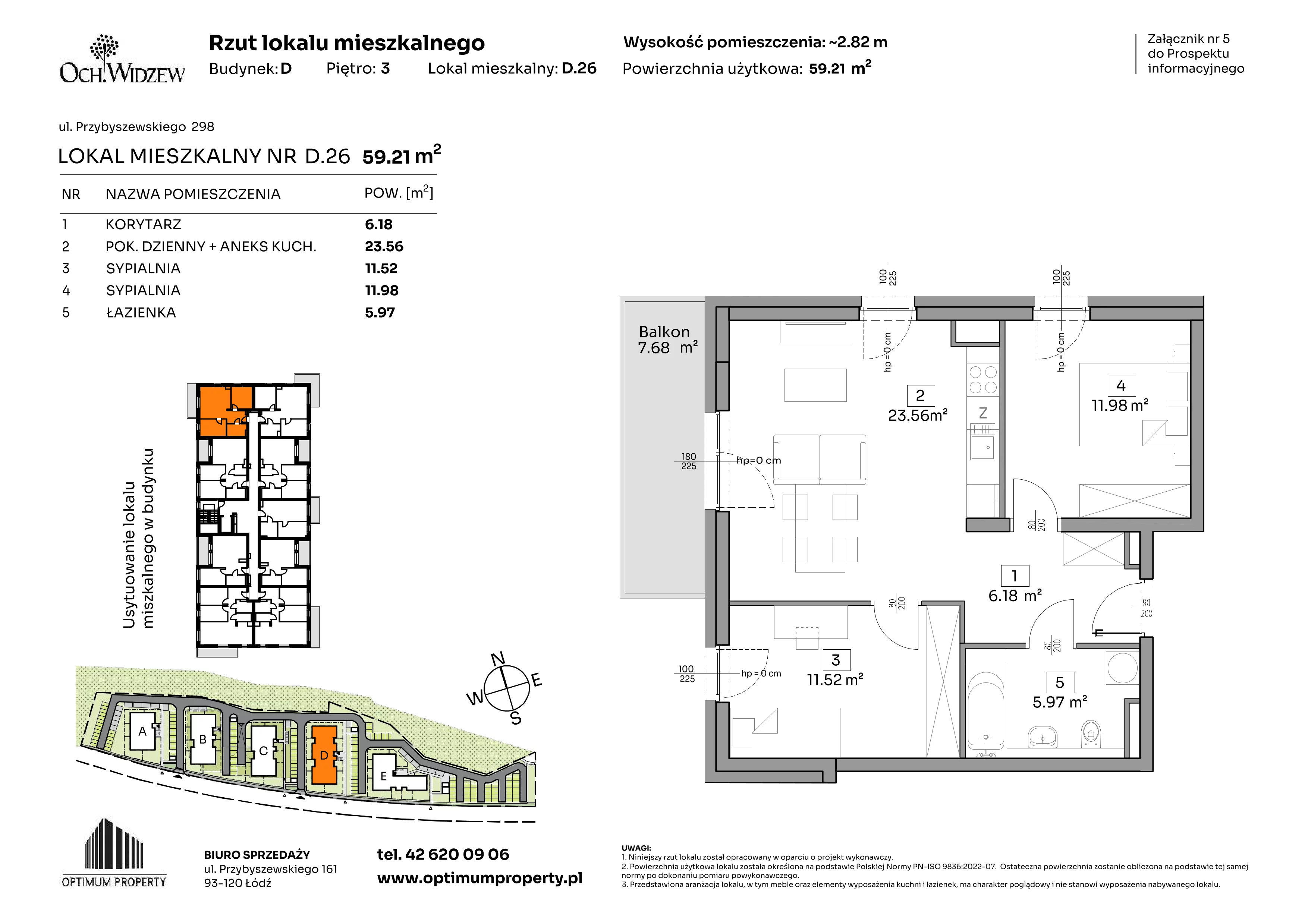 3 pokoje, mieszkanie 59,21 m², piętro 3, oferta nr D.26, Och!Widzew, Łódź, Widzew, ul. Przybyszewskiego 292-300