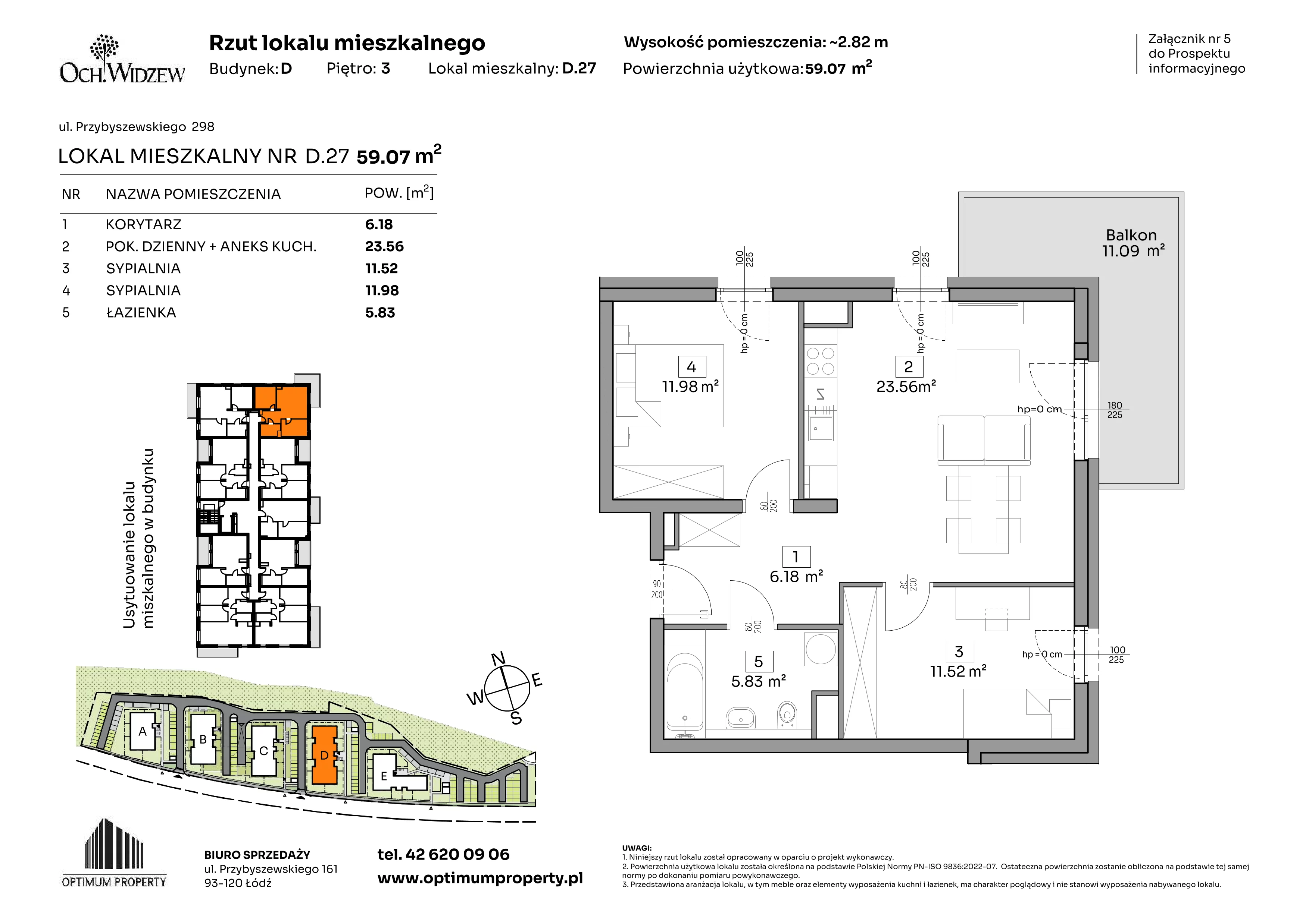 3 pokoje, mieszkanie 59,07 m², piętro 3, oferta nr D.27, Och!Widzew, Łódź, Widzew, ul. Przybyszewskiego 292-300