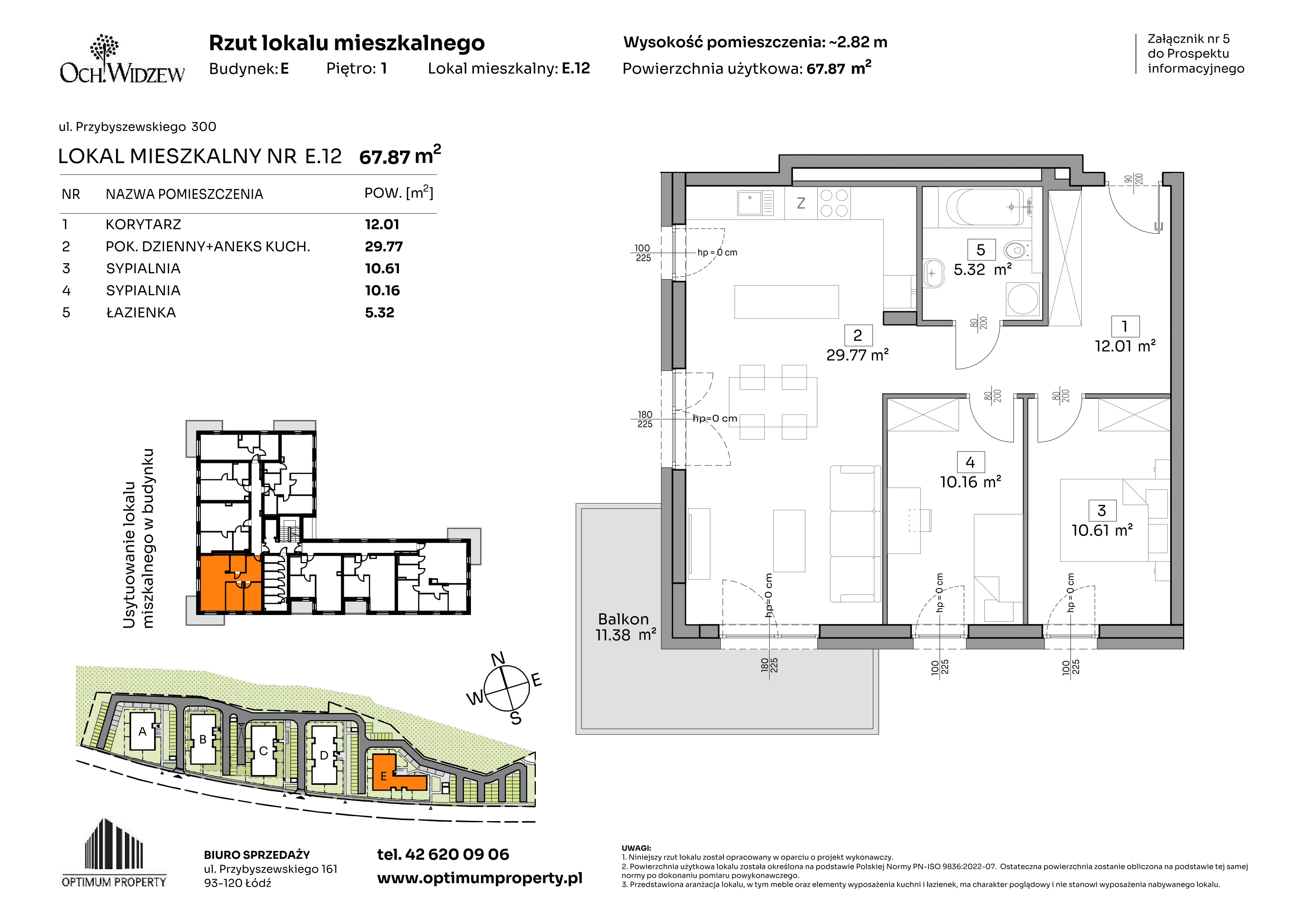 3 pokoje, mieszkanie 67,87 m², piętro 1, oferta nr E.12, Och!Widzew, Łódź, Widzew, ul. Przybyszewskiego 292-300