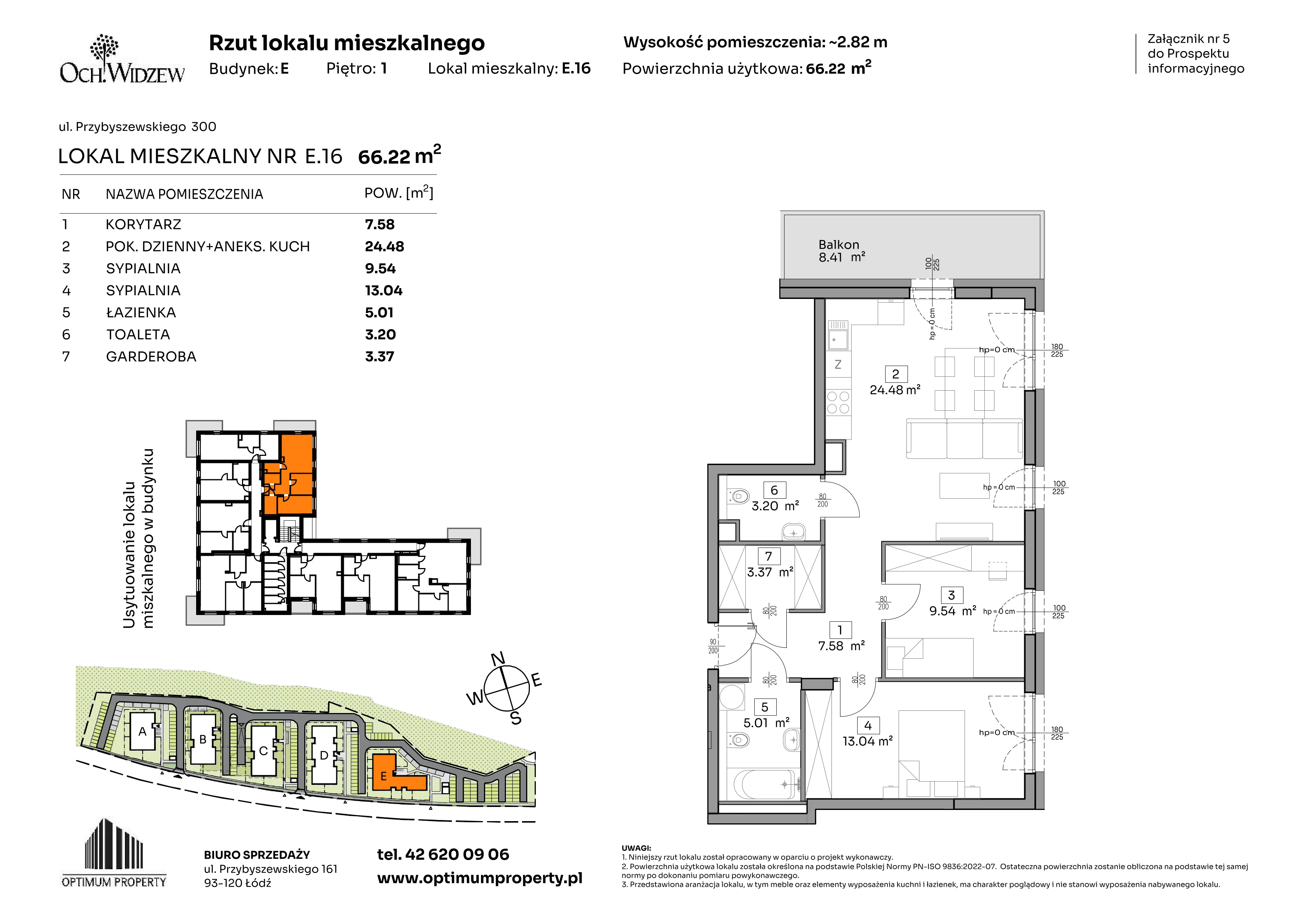 3 pokoje, mieszkanie 66,22 m², piętro 1, oferta nr E.16, Och!Widzew, Łódź, Widzew, ul. Przybyszewskiego 292-300
