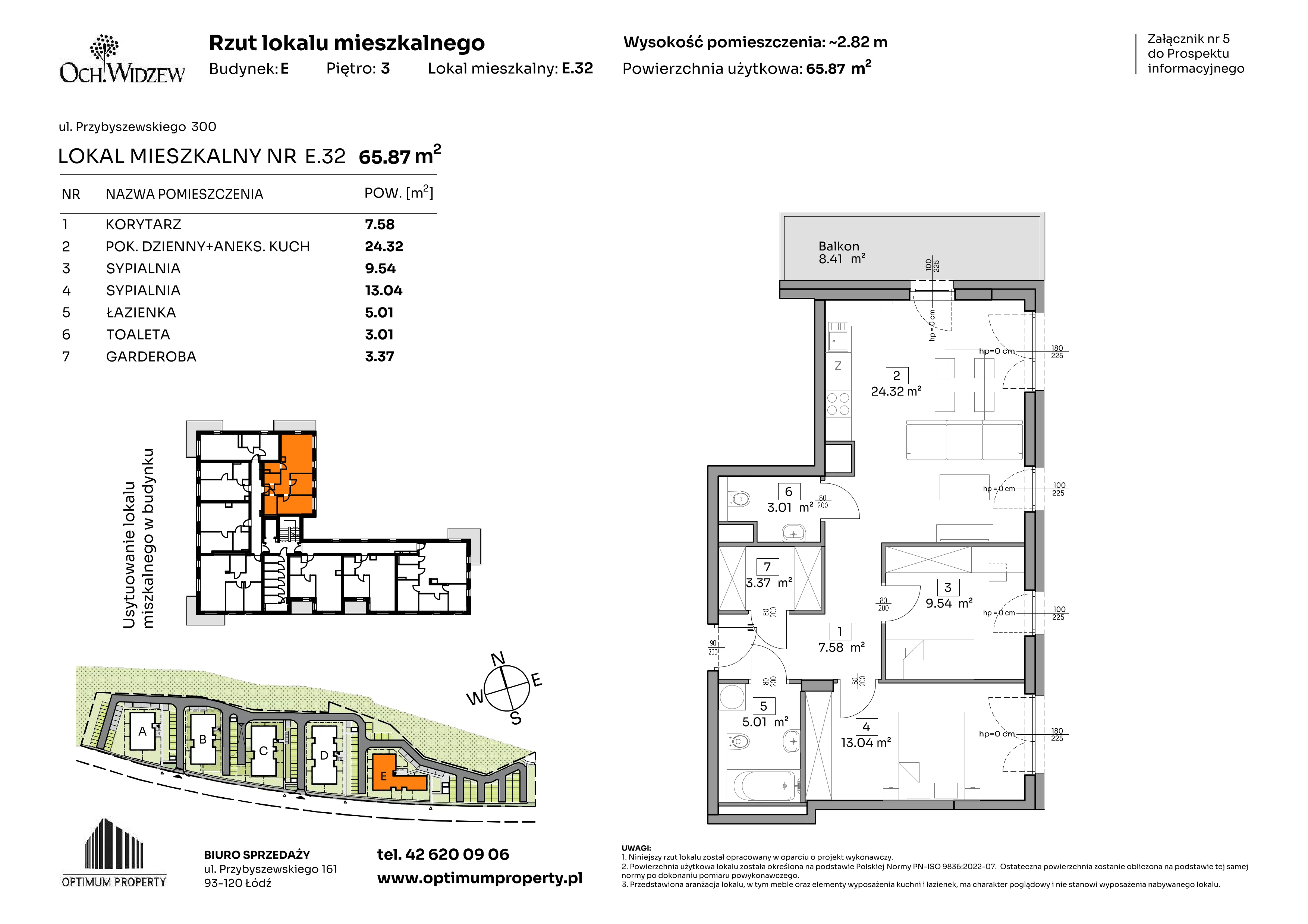 3 pokoje, mieszkanie 65,87 m², piętro 3, oferta nr E.32, Och!Widzew, Łódź, Widzew, ul. Przybyszewskiego 292-300