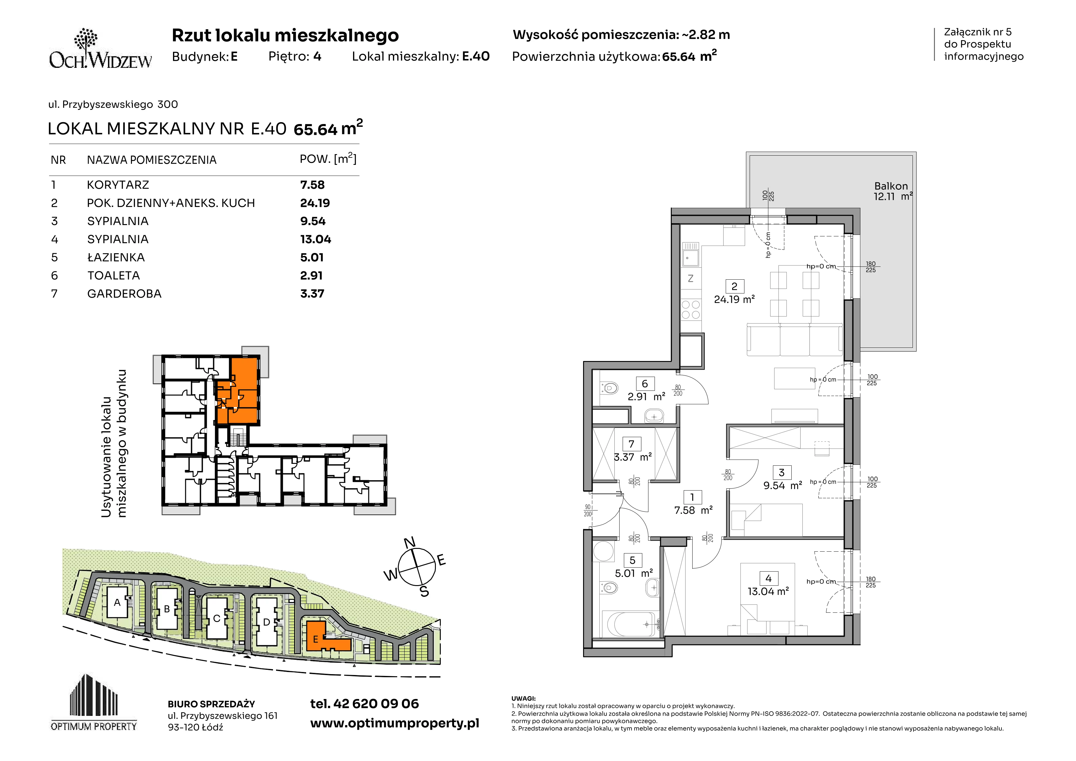 3 pokoje, mieszkanie 65,64 m², piętro 4, oferta nr E.40, Och!Widzew, Łódź, Widzew, ul. Przybyszewskiego 292-300