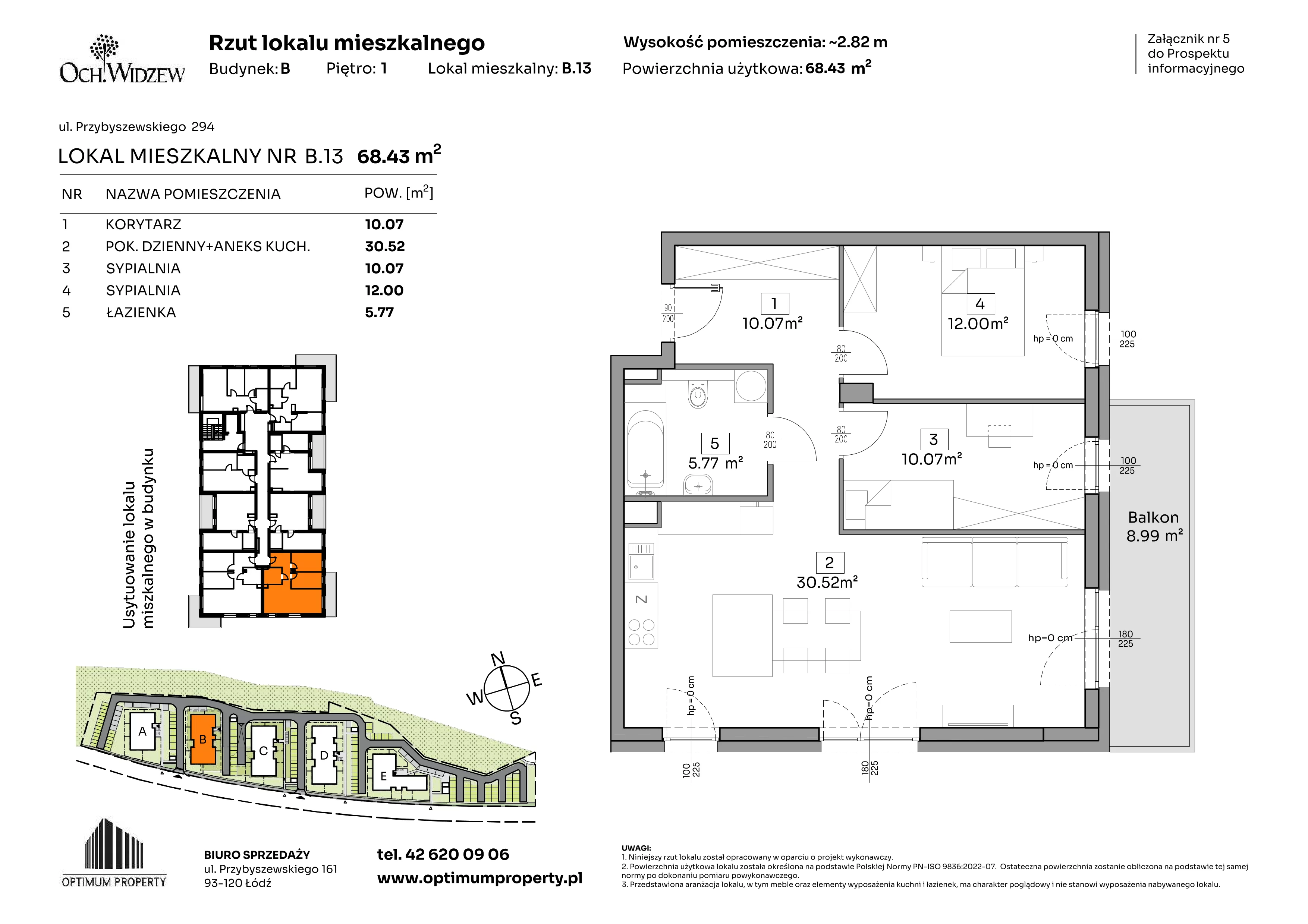 3 pokoje, mieszkanie 68,43 m², piętro 1, oferta nr B.13, Och!Widzew, Łódź, Widzew, ul. Przybyszewskiego 292-300