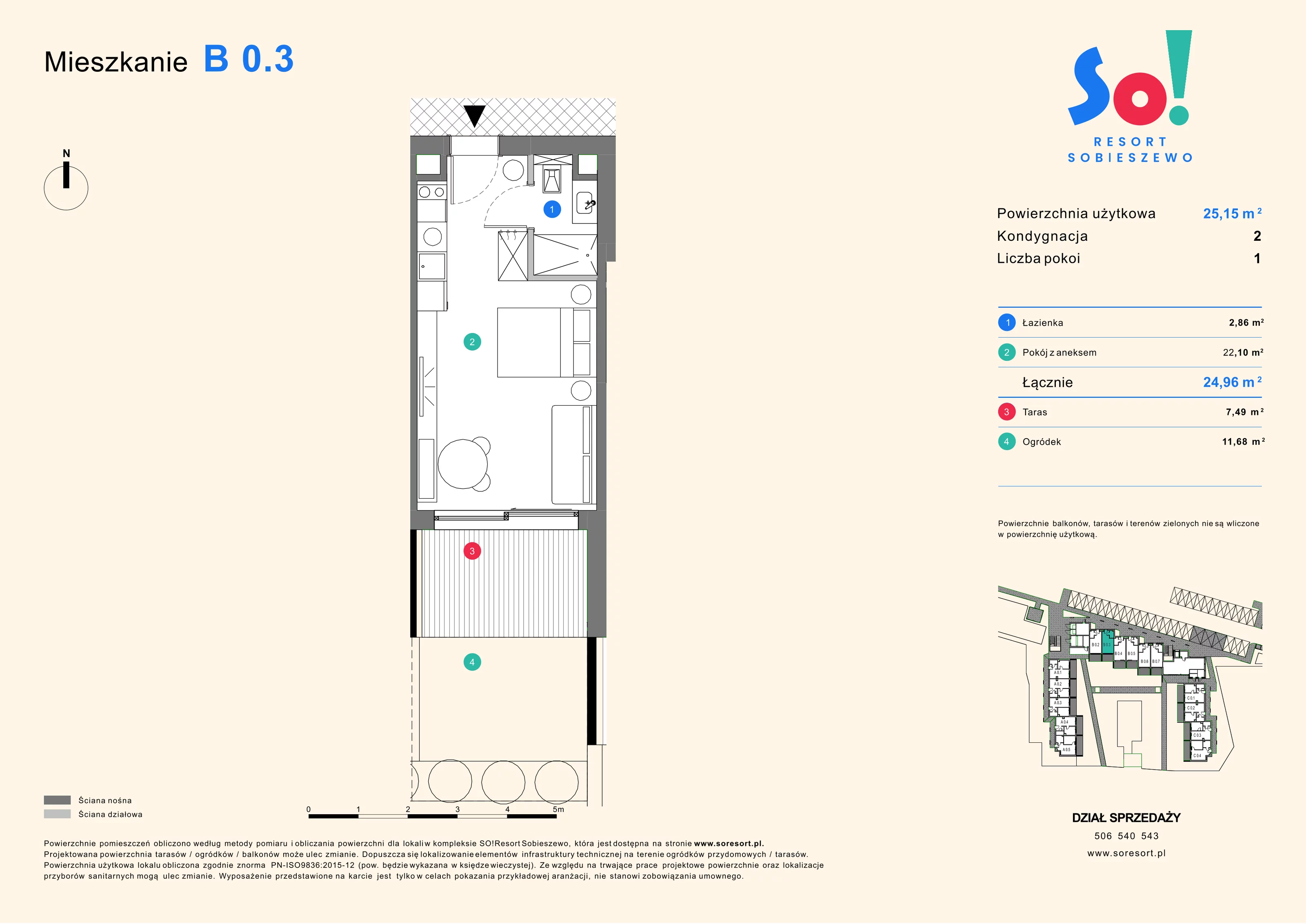 1 pokój, apartament inwestycyjny 25,15 m², parter, oferta nr B 0.3, SO! Resort Sobieszewo, Gdańsk, Wyspa Sobieszewska, Sobieszewo, ul. Żonkilowa 50