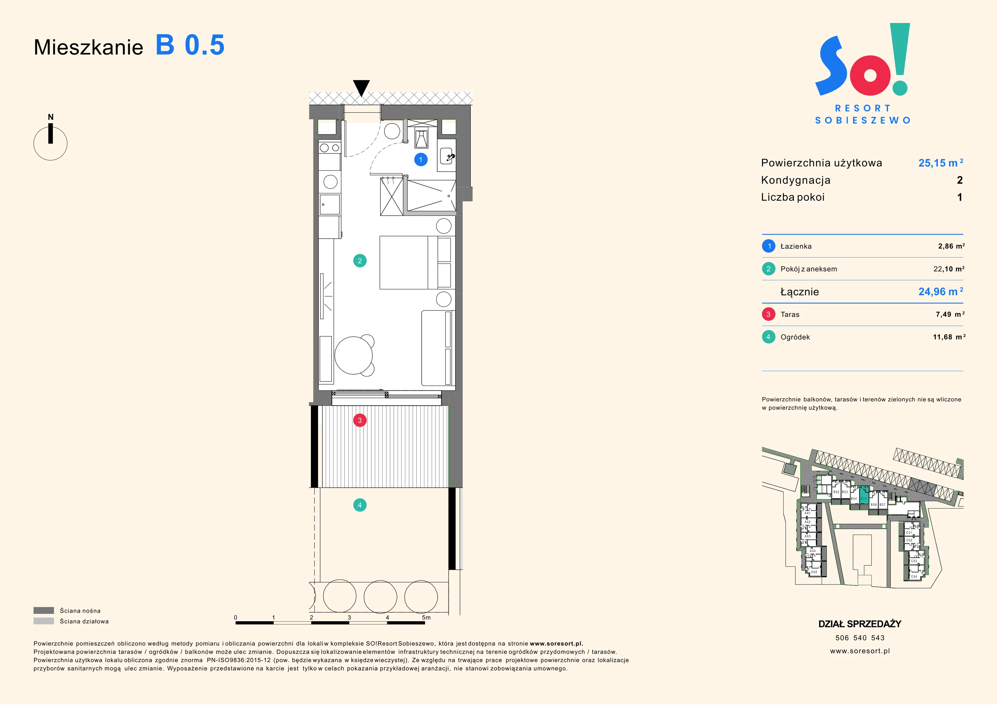 1 pokój, apartament inwestycyjny 25,15 m², parter, oferta nr B 0.5, SO! Resort Sobieszewo, Gdańsk, Wyspa Sobieszewska, Sobieszewo, ul. Żonkilowa 50