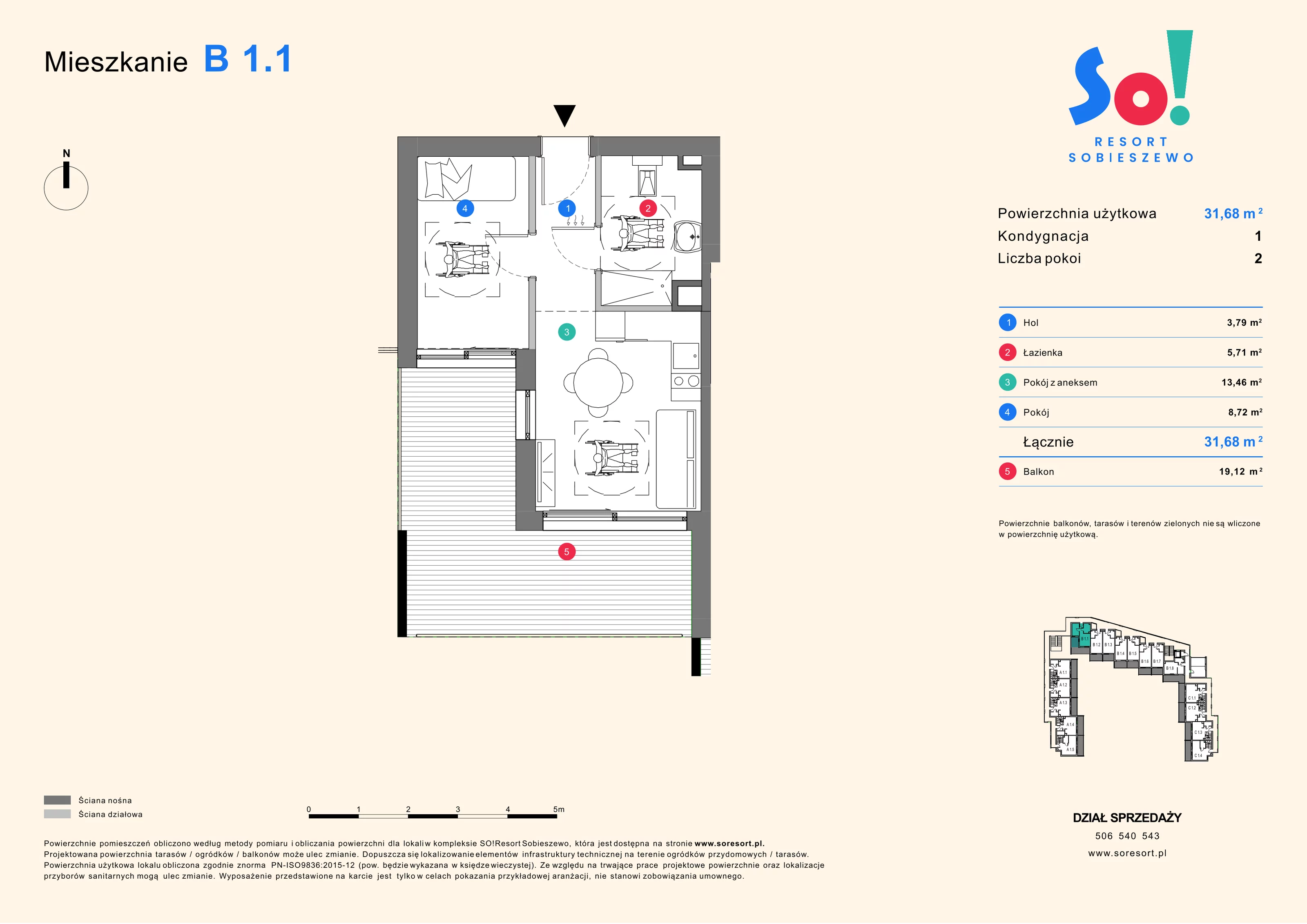 2 pokoje, apartament inwestycyjny 31,68 m², piętro 1, oferta nr B 1.1, SO! Resort Sobieszewo, Gdańsk, Wyspa Sobieszewska, Sobieszewo, ul. Żonkilowa 50