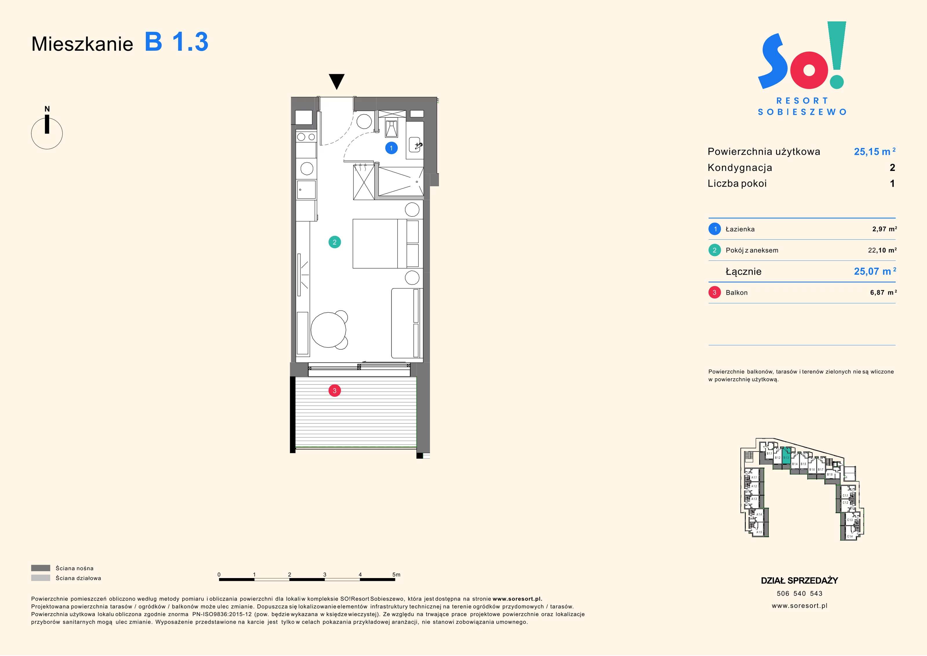 1 pokój, apartament inwestycyjny 25,15 m², piętro 1, oferta nr B 1.3, SO! Resort Sobieszewo, Gdańsk, Wyspa Sobieszewska, Sobieszewo, ul. Żonkilowa 50