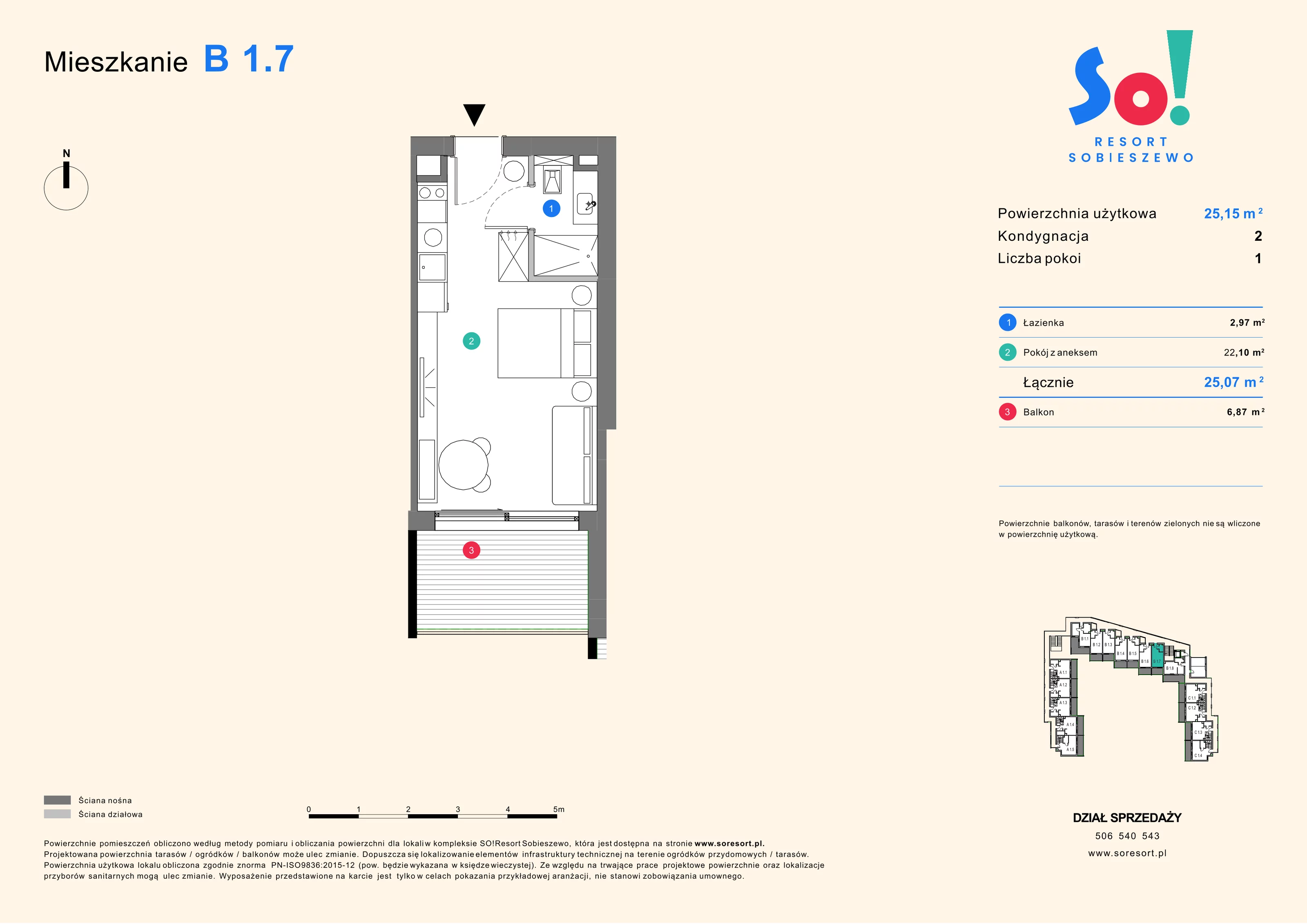 1 pokój, apartament inwestycyjny 25,15 m², piętro 1, oferta nr B 1.7, SO! Resort Sobieszewo, Gdańsk, Wyspa Sobieszewska, Sobieszewo, ul. Żonkilowa 50