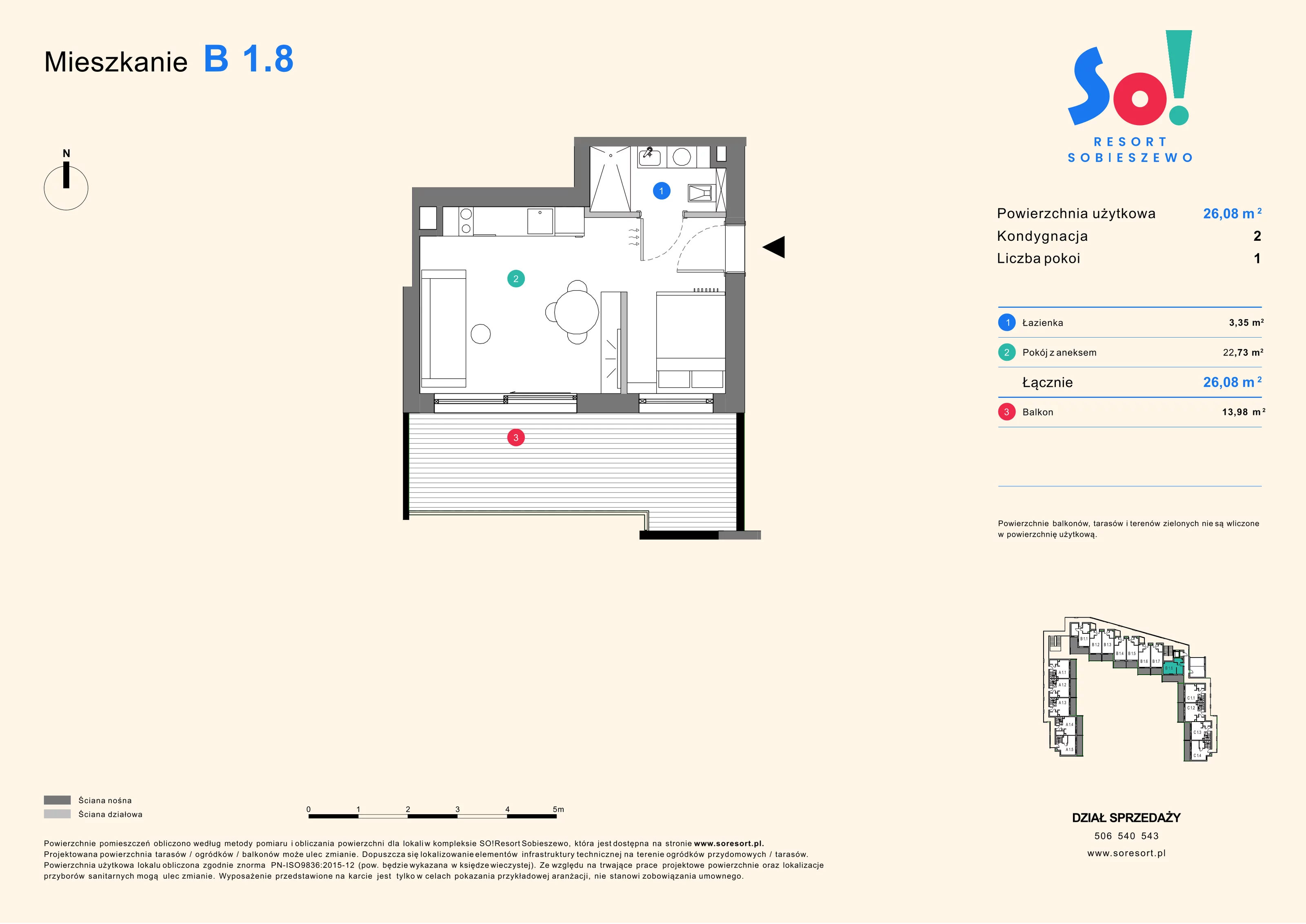 1 pokój, apartament inwestycyjny 26,08 m², piętro 1, oferta nr B 1.8, SO! Resort Sobieszewo, Gdańsk, Wyspa Sobieszewska, Sobieszewo, ul. Żonkilowa 50