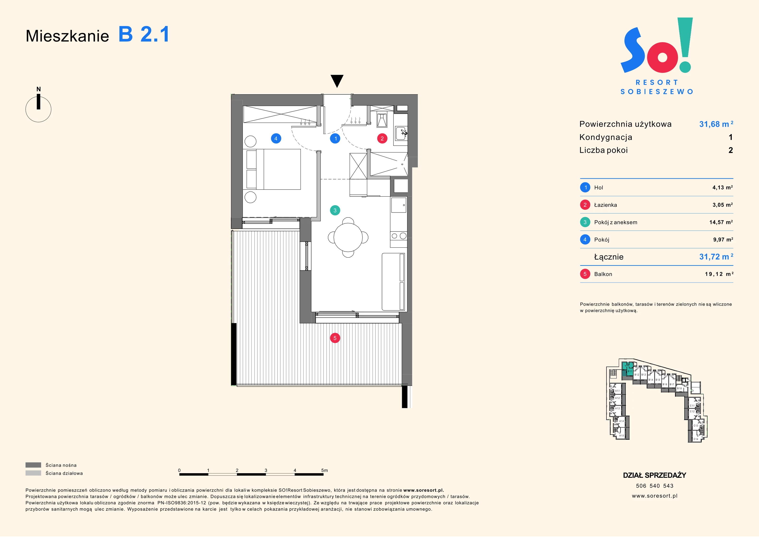 1 pokój, apartament inwestycyjny 31,68 m², piętro 2, oferta nr B 2.1, SO! Resort Sobieszewo, Gdańsk, Wyspa Sobieszewska, Sobieszewo, ul. Żonkilowa 50