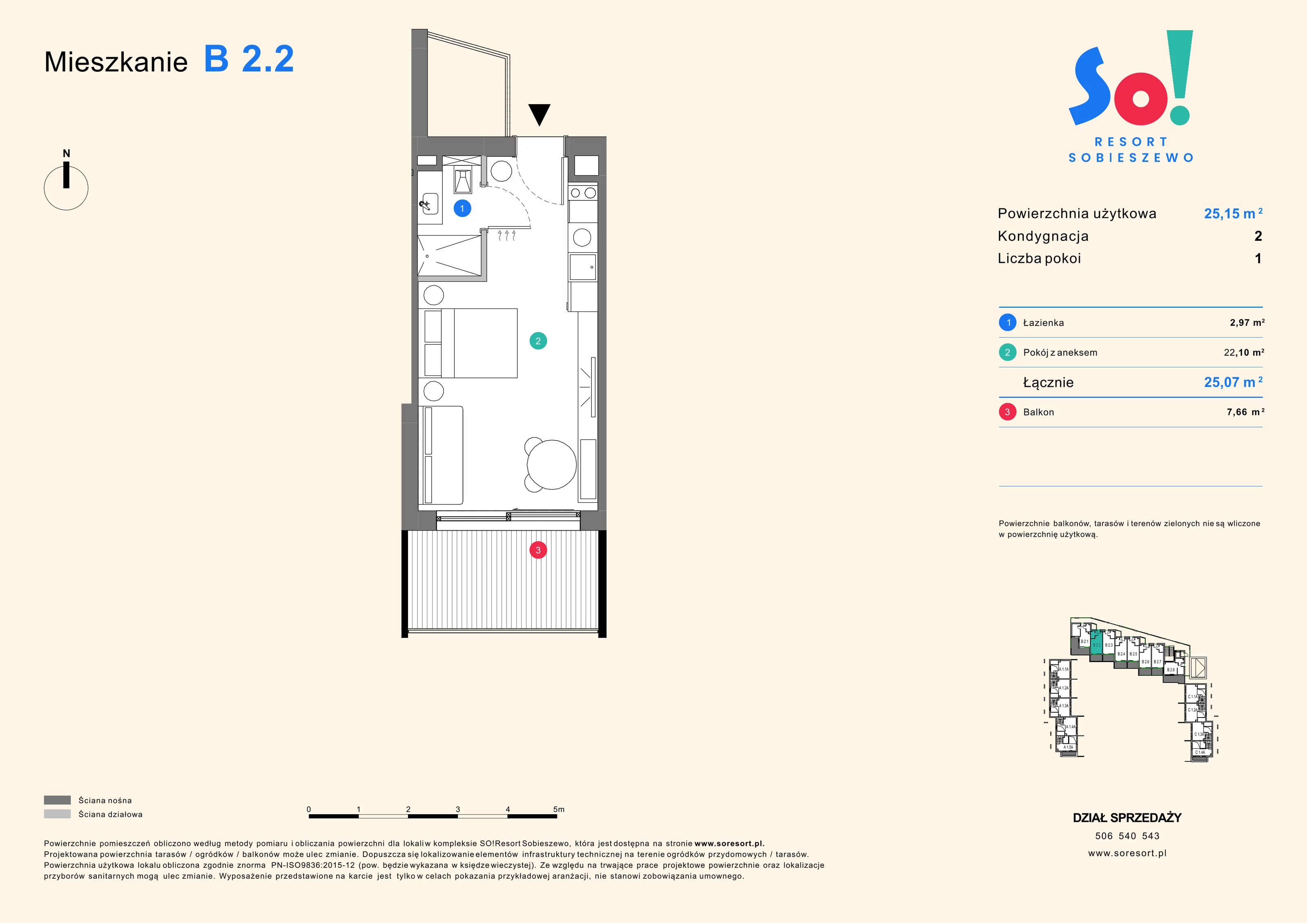 1 pokój, apartament inwestycyjny 25,15 m², piętro 2, oferta nr B 2.2, SO! Resort Sobieszewo, Gdańsk, Wyspa Sobieszewska, Sobieszewo, ul. Żonkilowa 50