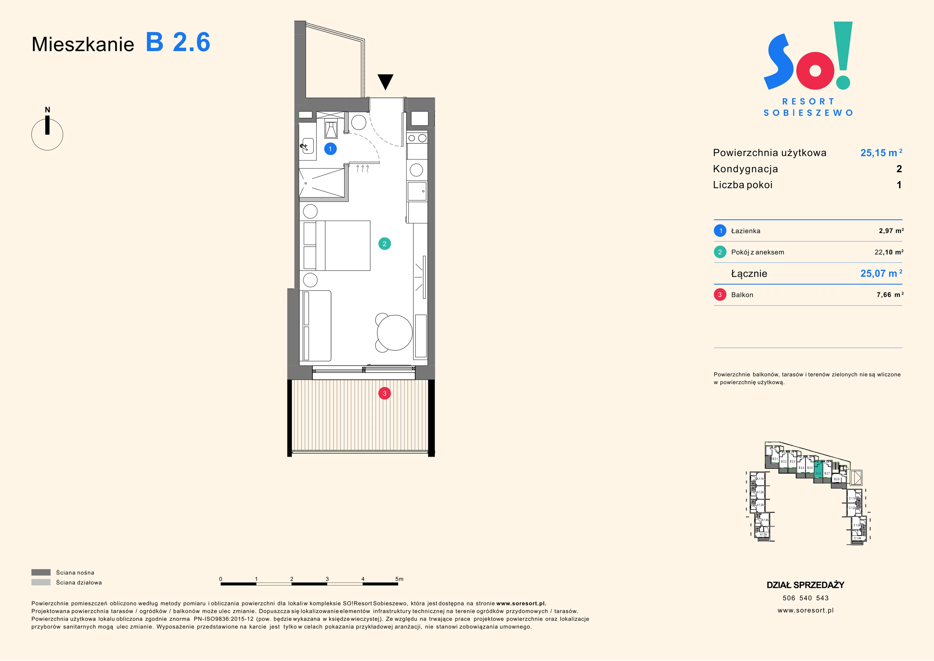 1 pokój, apartament inwestycyjny 25,15 m², piętro 2, oferta nr B 2.6, SO! Resort Sobieszewo, Gdańsk, Wyspa Sobieszewska, Sobieszewo, ul. Żonkilowa 50