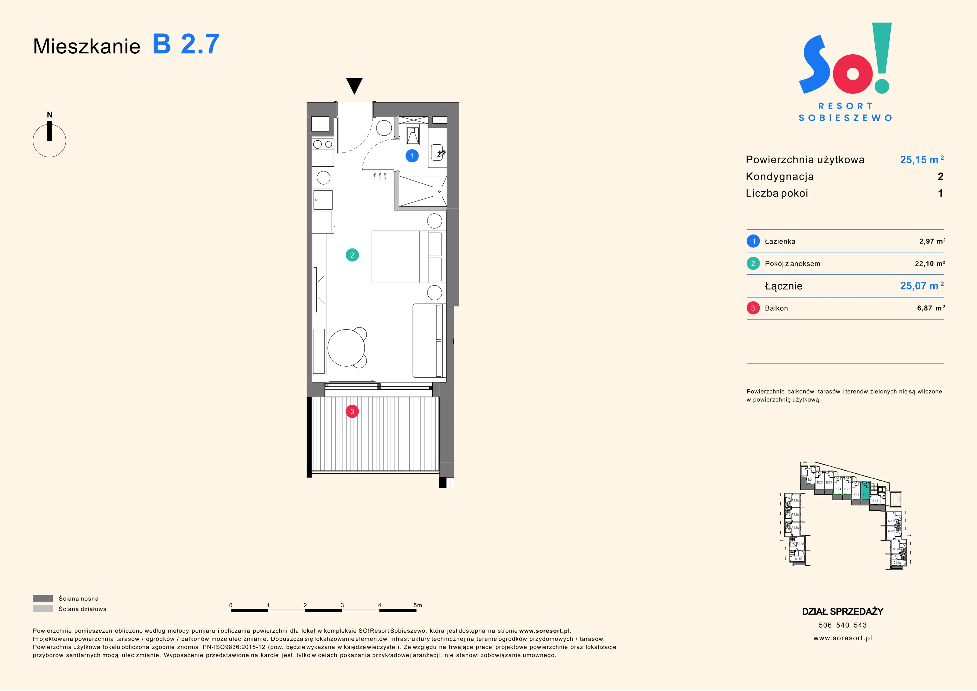 1 pokój, apartament inwestycyjny 25,15 m², piętro 2, oferta nr B 2.7, SO! Resort Sobieszewo, Gdańsk, Wyspa Sobieszewska, Sobieszewo, ul. Żonkilowa 50