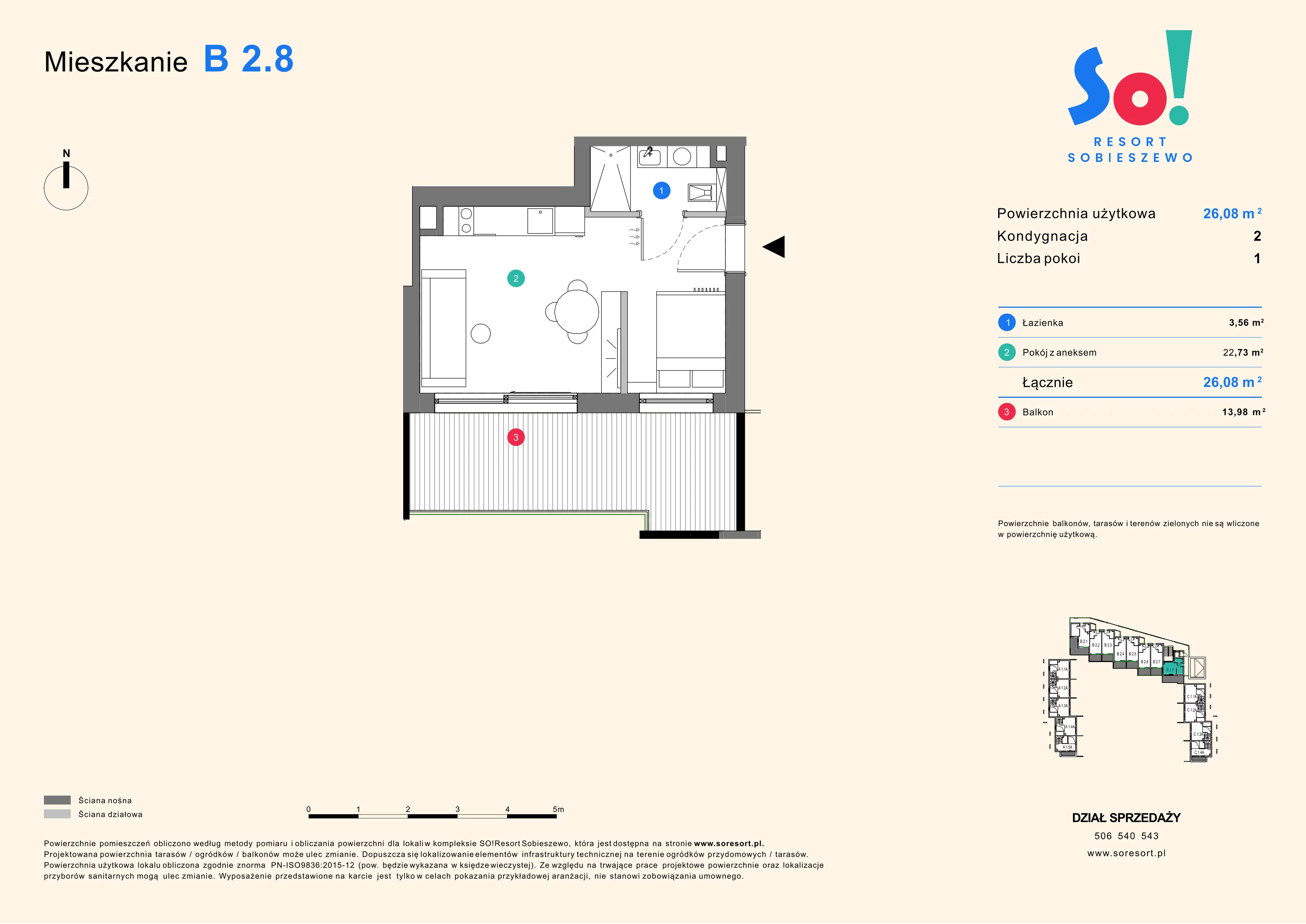 1 pokój, apartament inwestycyjny 26,08 m², piętro 2, oferta nr B 2.8, SO! Resort Sobieszewo, Gdańsk, Wyspa Sobieszewska, Sobieszewo, ul. Żonkilowa 50