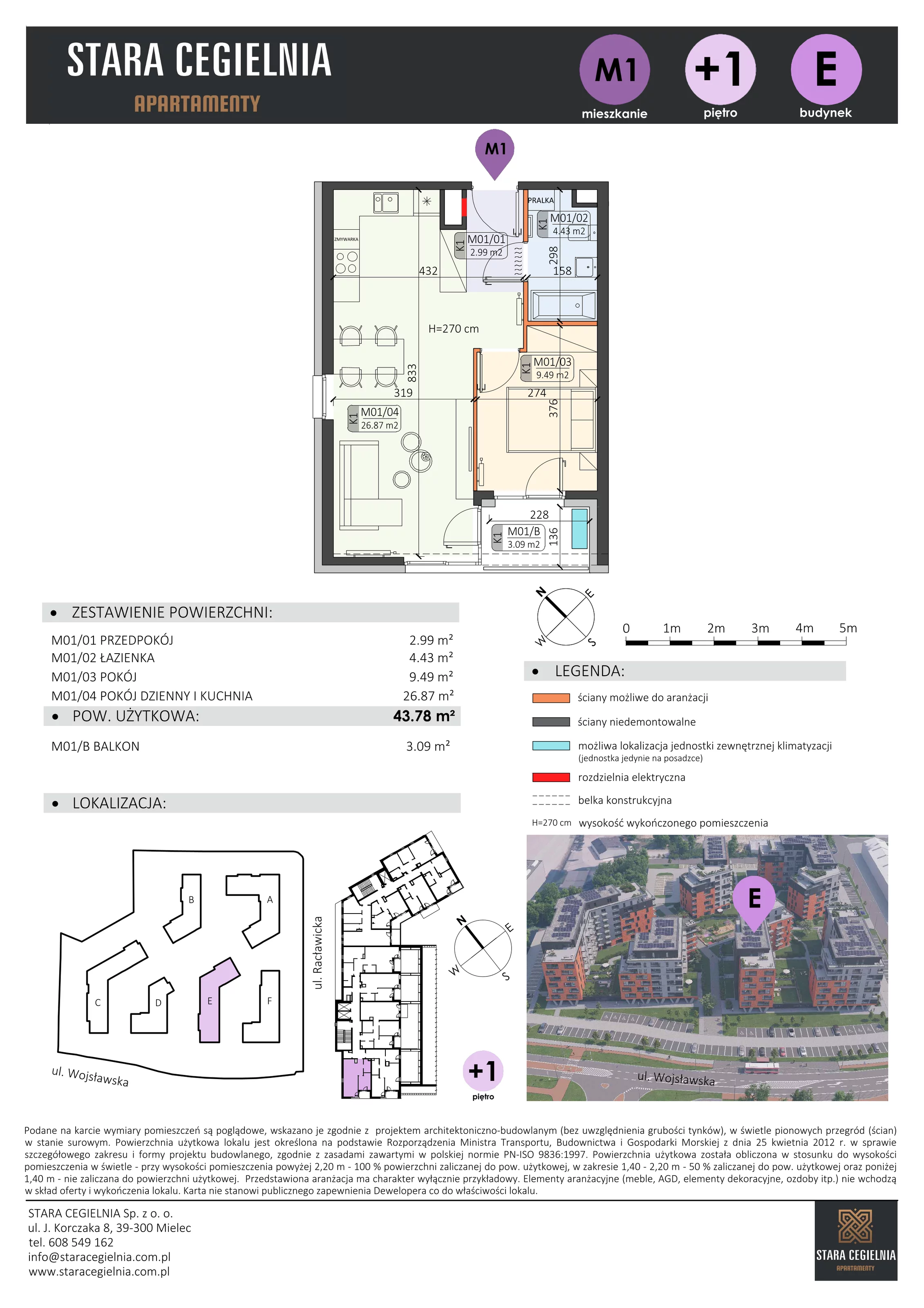 2 pokoje, mieszkanie 43,78 m², piętro 1, oferta nr E/M1, Stara Cegielnia etap II, Mielec, ul. Wojsławska 1