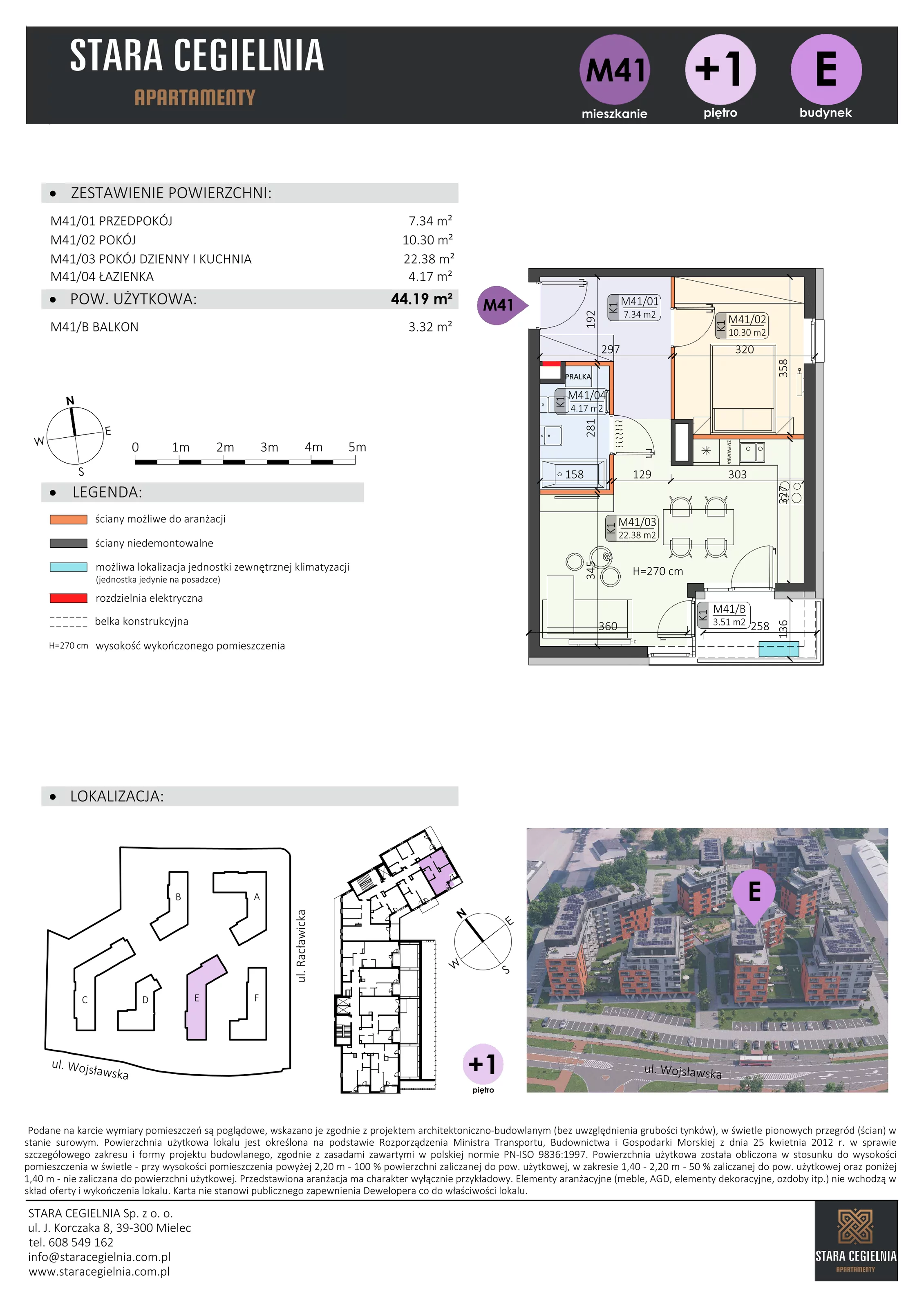 2 pokoje, mieszkanie 44,19 m², piętro 1, oferta nr E/M41, Stara Cegielnia etap II, Mielec, ul. Wojsławska 1