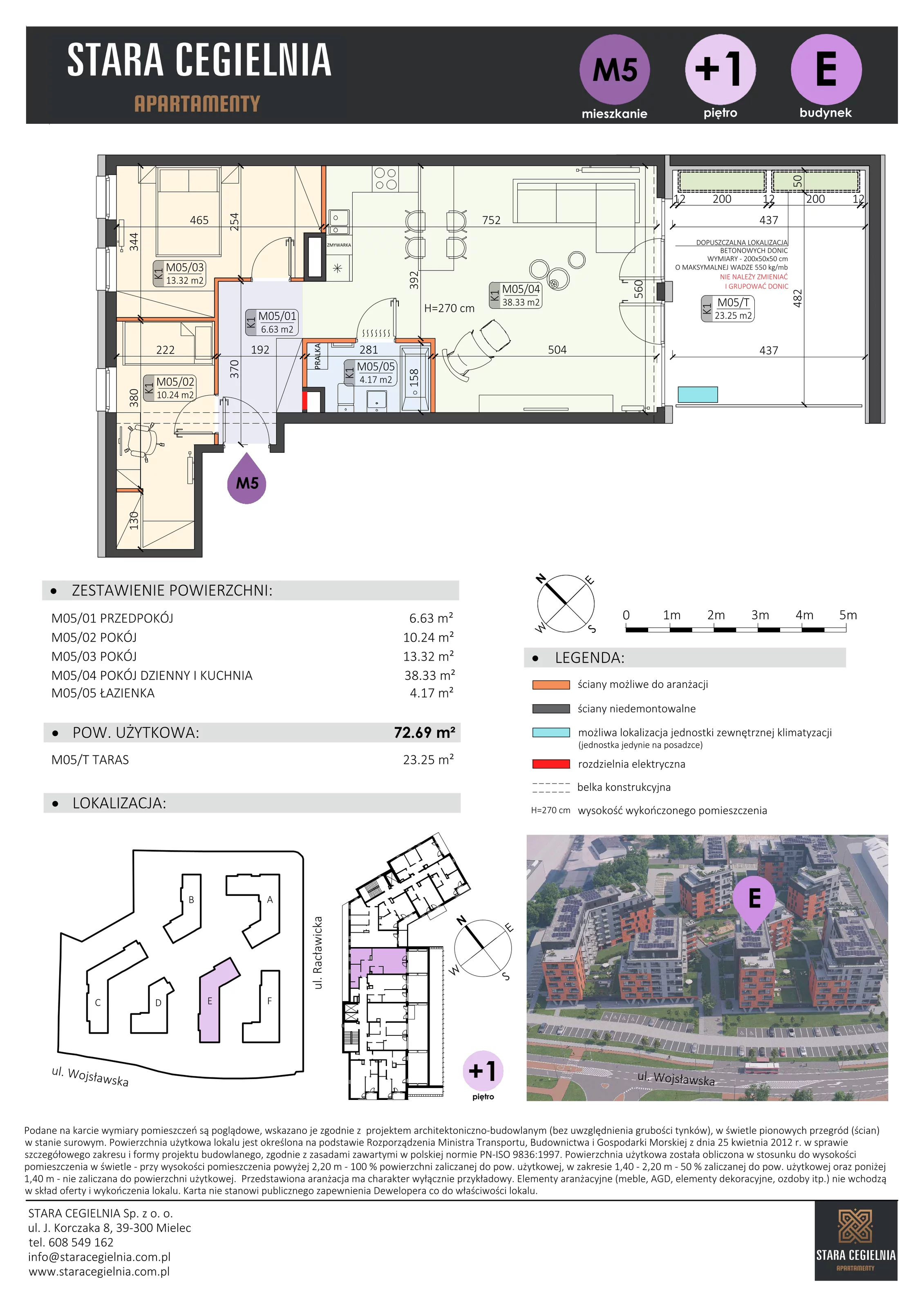 3 pokoje, mieszkanie 72,69 m², piętro 1, oferta nr E/M5, Stara Cegielnia etap II, Mielec, ul. Wojsławska 1