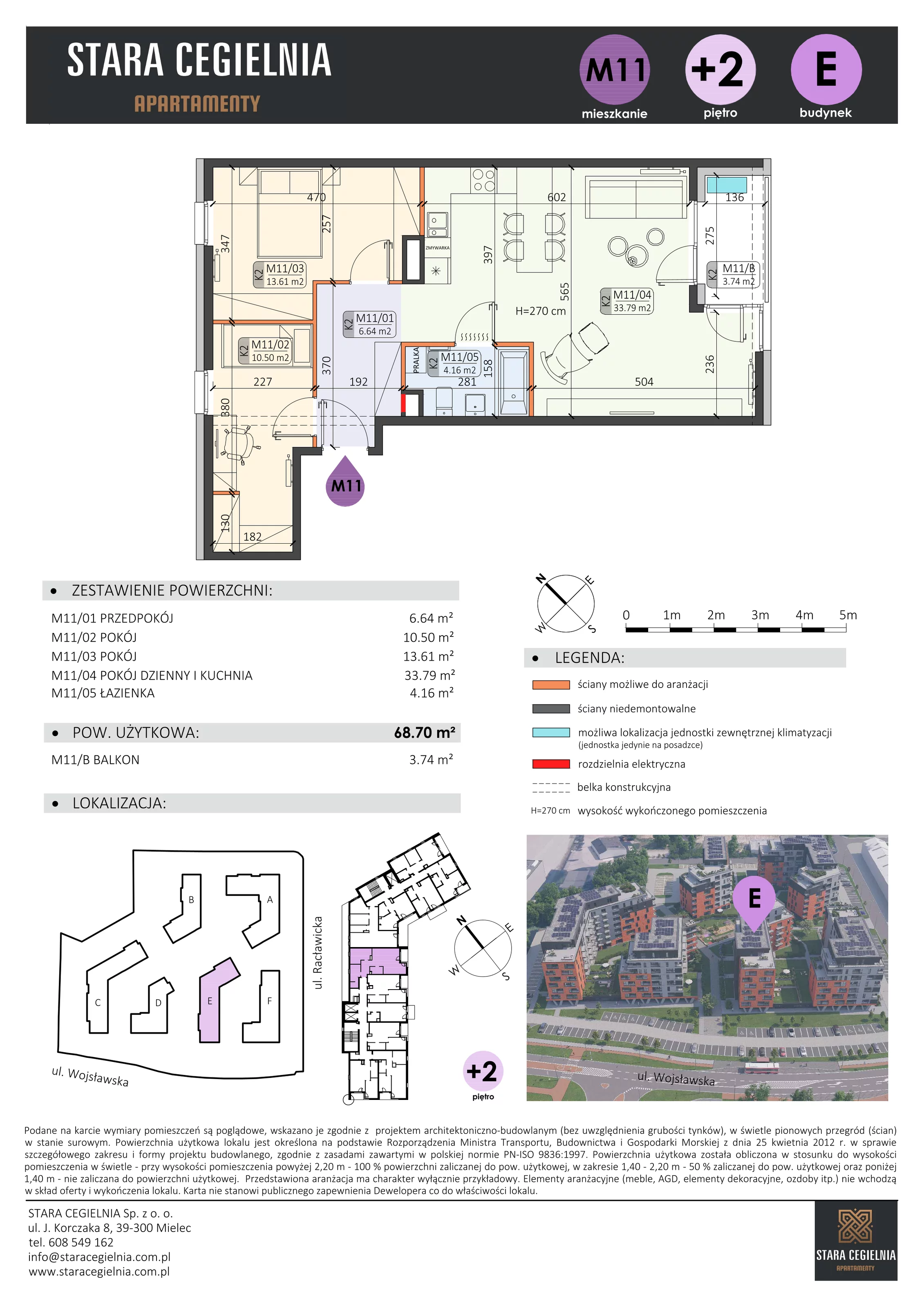 3 pokoje, mieszkanie 68,70 m², piętro 2, oferta nr E/M11, Stara Cegielnia etap II, Mielec, ul. Wojsławska 1