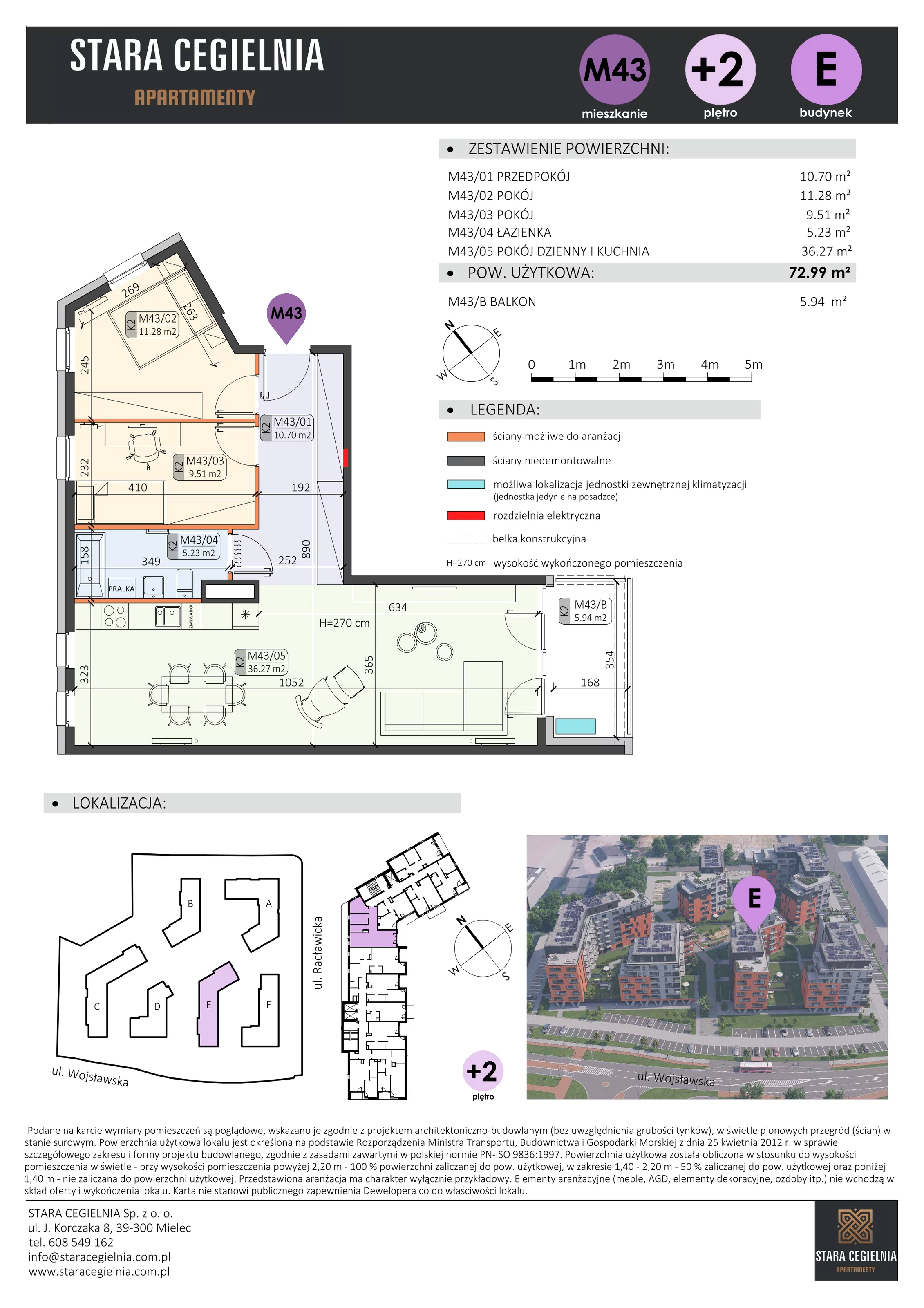 3 pokoje, mieszkanie 72,99 m², piętro 2, oferta nr E/M43, Stara Cegielnia etap II, Mielec, ul. Wojsławska 1