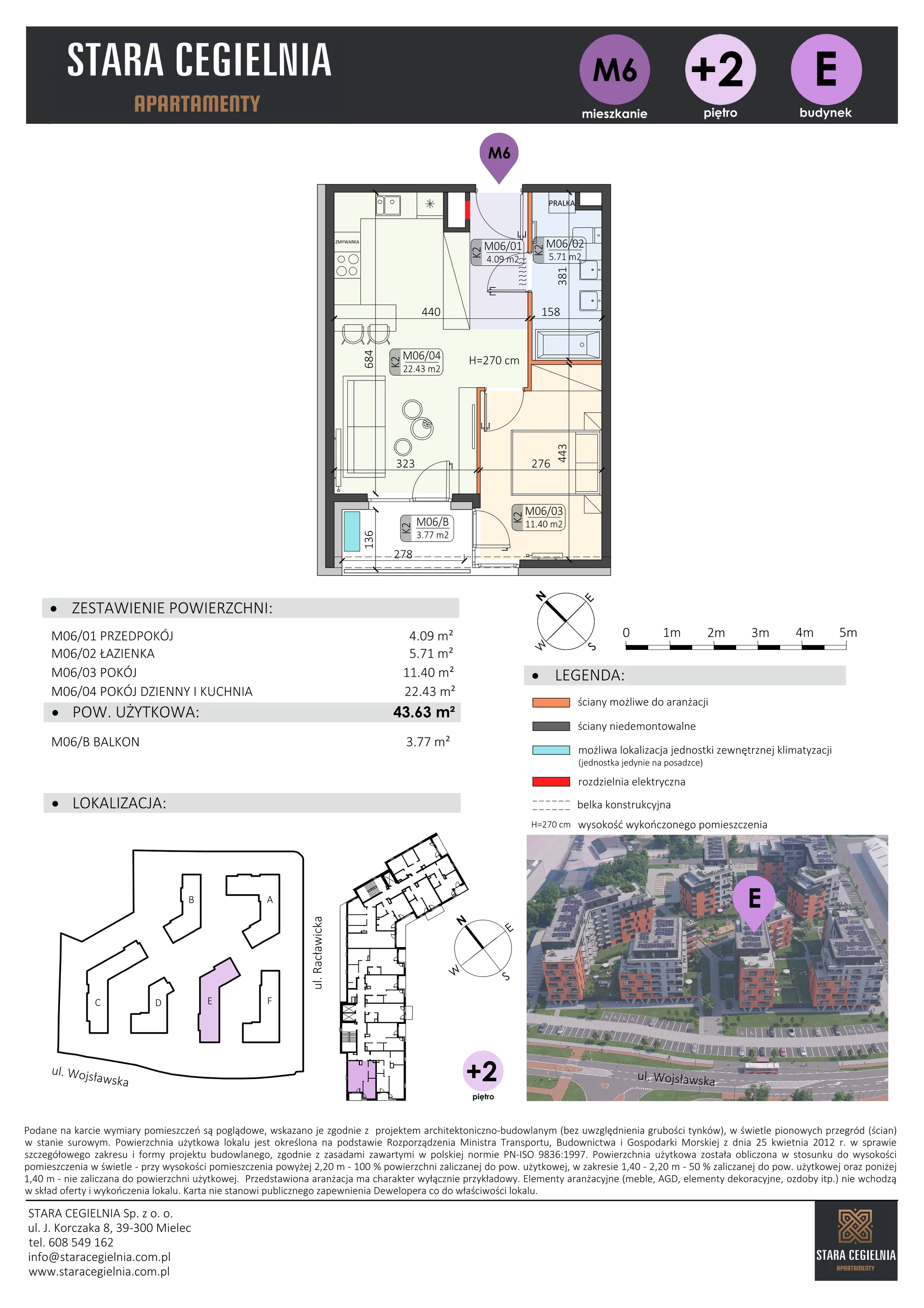 2 pokoje, mieszkanie 43,63 m², piętro 2, oferta nr E/M6, Stara Cegielnia etap II, Mielec, ul. Wojsławska 1